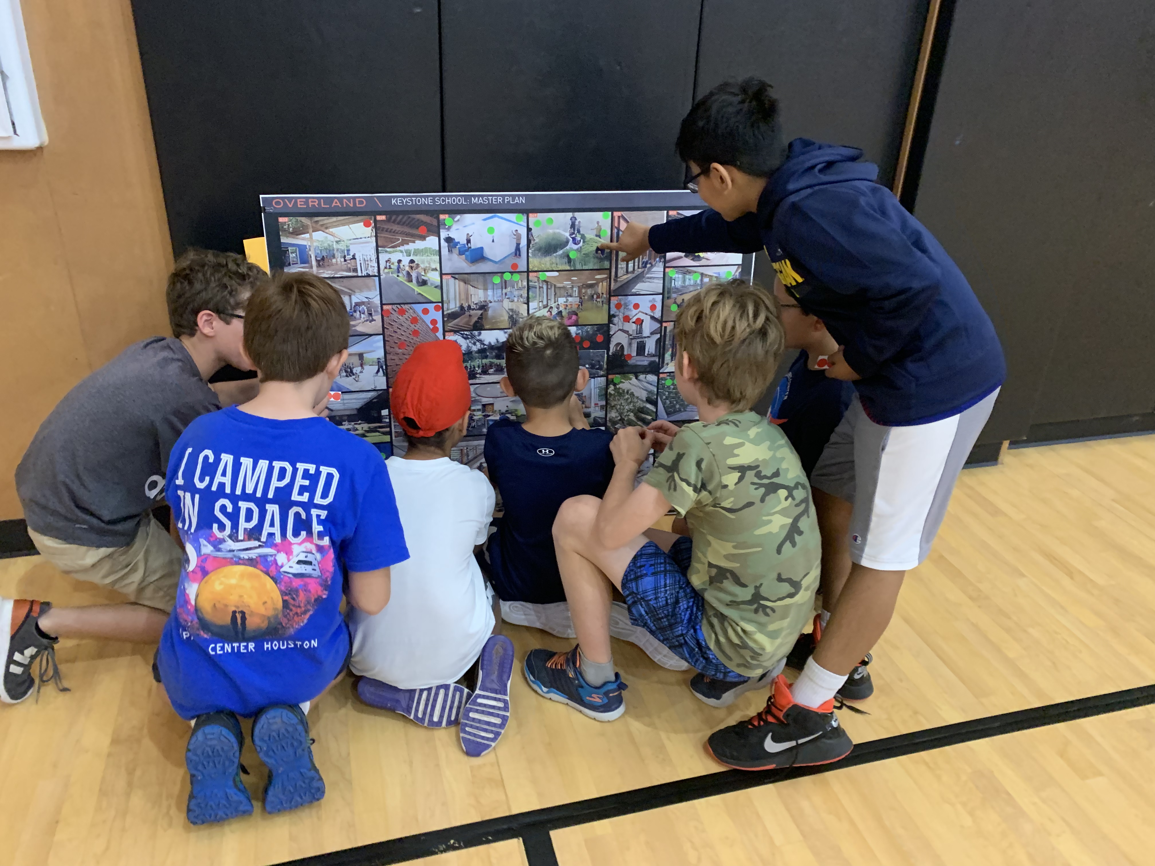 A group of children kneel on a gym floor, closely examining a large, colorful poster displayed on a stand. Some kids are pointing at specific sections of the poster, fully immersed like young stakeholders in their keystone project.