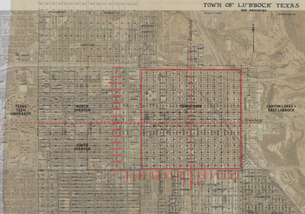 A historical map of the town of Lubbock, Texas, showcasing the transformation of Downtown Lubbock highlighted within a red square bordered by red dashed lines. Surrounding districts include North Overton, South Overton, and East Lubbock.