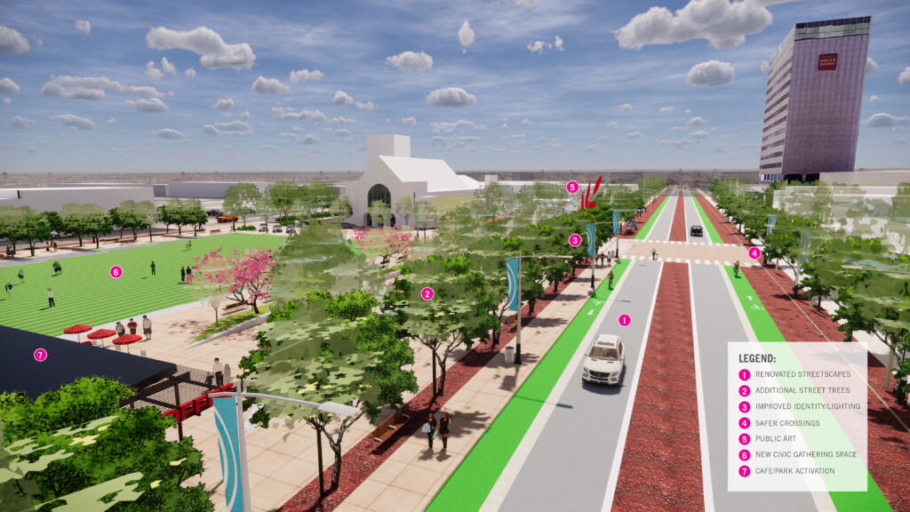 A digitally rendered image of Downtown Lubbock showcases a city park and surrounding streetscape with designated improvements, including street trees, safer crossings, public art, and a new gathering space, catalyzing transformation as noted in the legend.