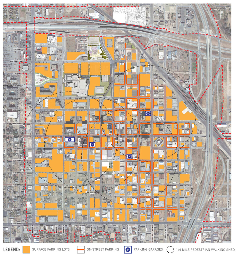 A city map of Downtown Lubbock displaying various parking types: surface parking lots in orange, on-street parking marked in blue, and parking garages highlighted in purple. This transformation includes a 1/4 mile pedestrian walking shed.