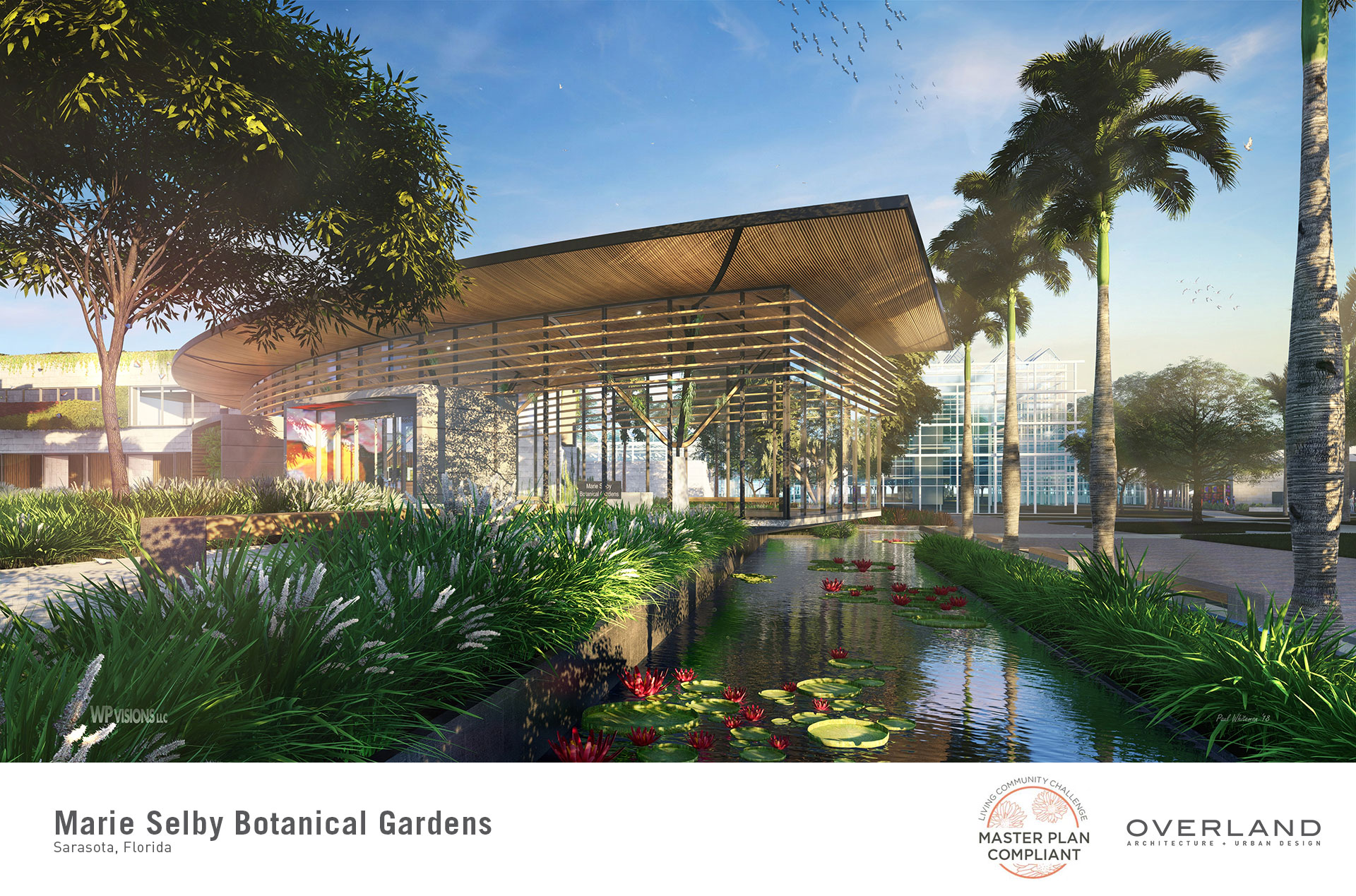 An architectural rendering of a modern building with a curved wooden roof, surrounded by trees and a pond with lily pads, is part of the Master Plan at the Marie Selby Botanical Gardens in Sarasota, Florida.