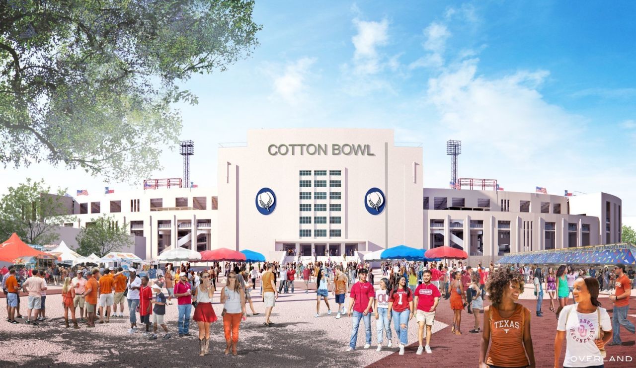 A lively crowd gathers outside the Cotton Bowl stadium on a bright day. Vendors with colorful tents are set up near the entrance. The stadium facade proudly displays "Cotton Bowl," a nod to its recent restoration, a project led by renowned architect Bryan Trubey.