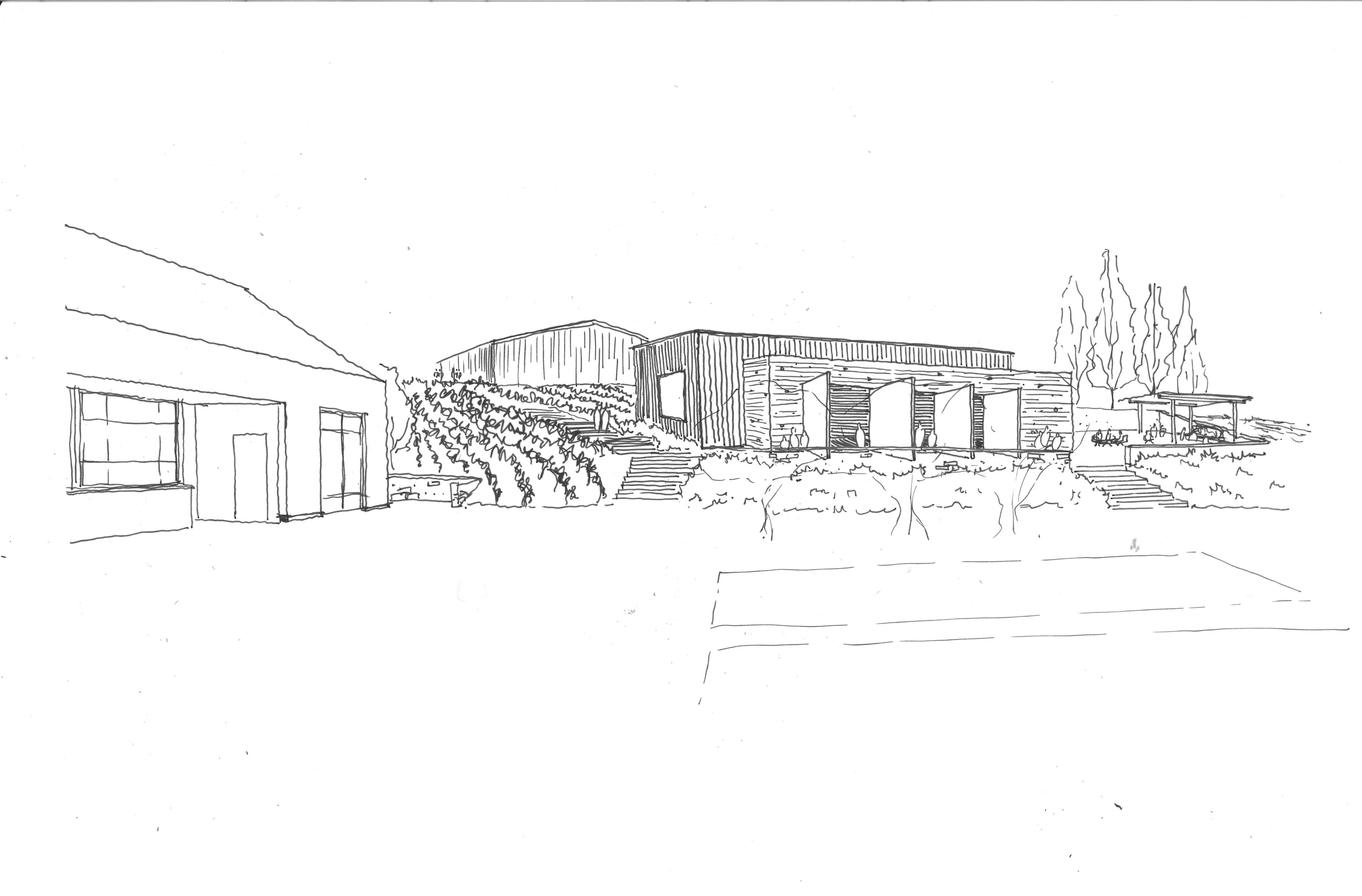 Black and white line drawing of a modern architectural complex with multiple buildings in a landscaped setting, including stairs, trees, and outdoor seating areas. This illustration captures the essence of Stanly Ranch, a part of the Auberge Resorts Collection.