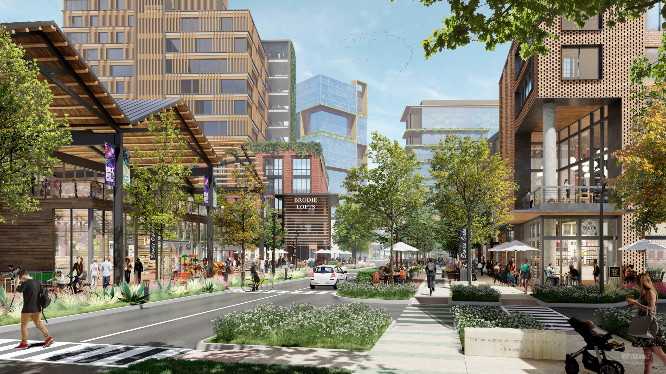 A bustling urban street scene in Brodie Oaks features modern buildings, pedestrians, outdoor cafes, greenery, and a small white car driving on a wide road. People are walking, dining, and enjoying the vibrant environment.