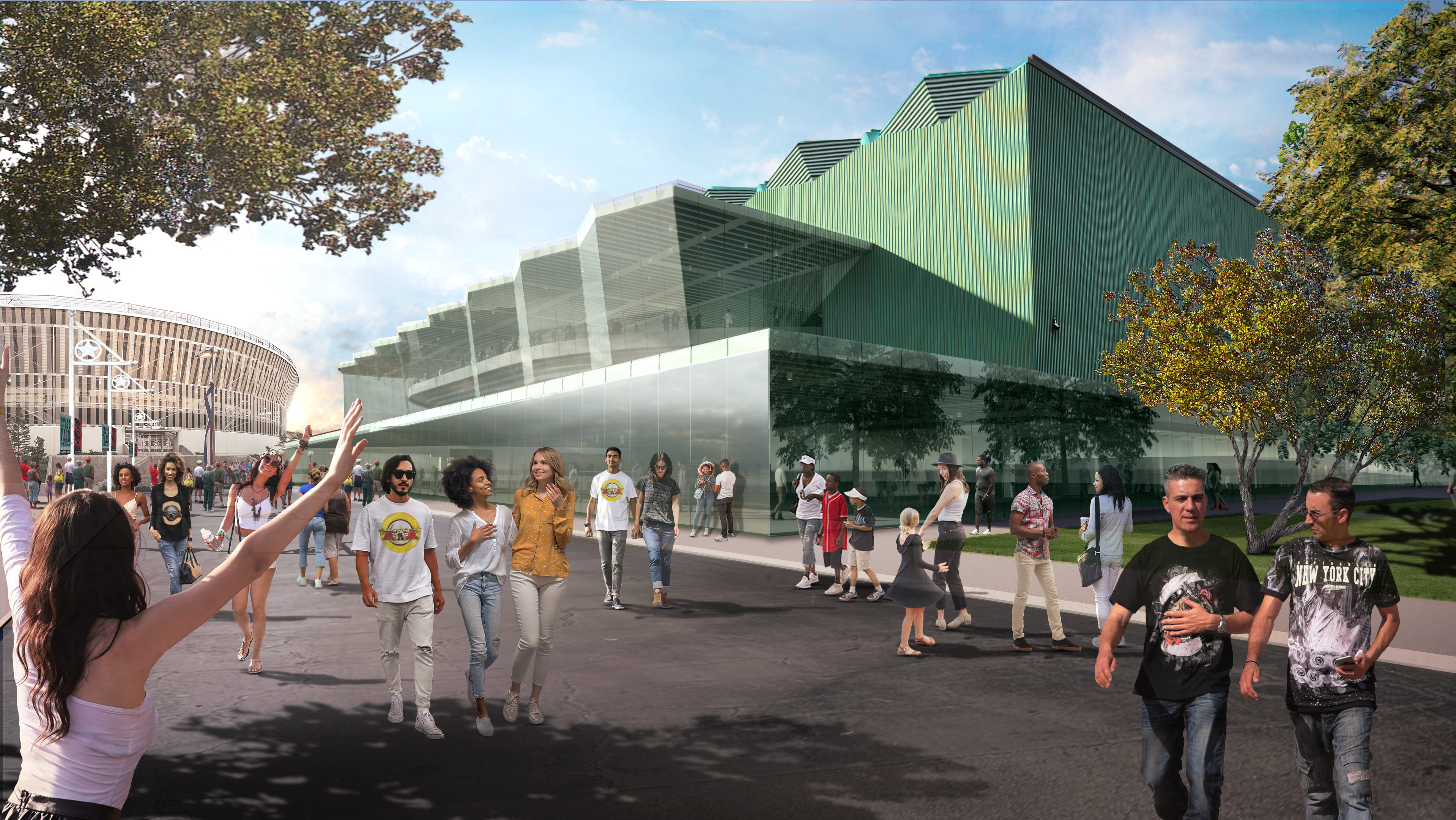 People walking outside a modern green building with large windows at Fair Park, with a stadium in the background on a sunny day.