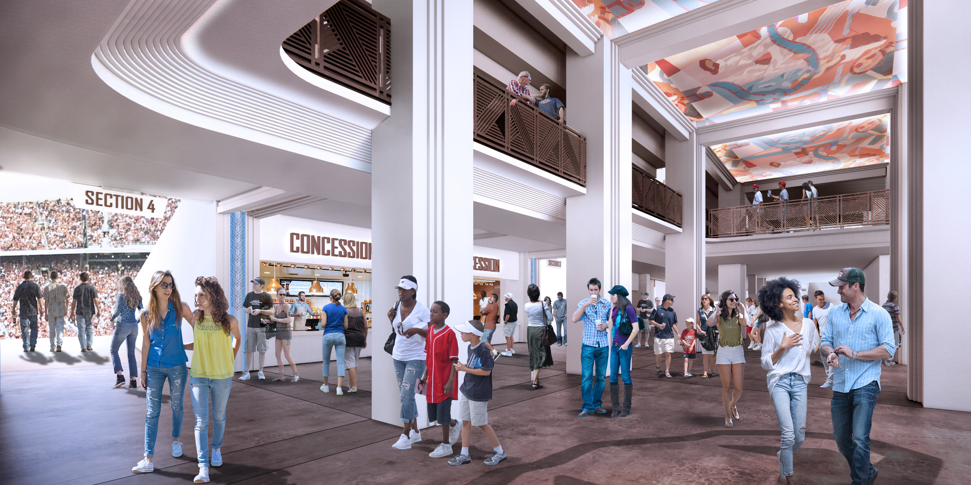 A modern stadium concourse at Fair Park with people walking and interacting. The scene includes a concessions stand, multiple levels, and artistic ceiling decor—a testament to recent capital improvement plans enhancing visitor experience.