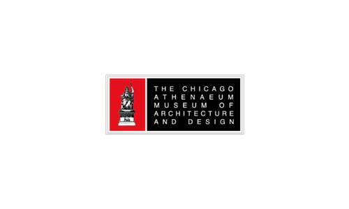 Logo of The Chicago Athenaeum Museum of Architecture and Design with a statue on the left and the museum name on the right against a black and red background, reminiscent of the sophisticated elegance found in the Auberge Resorts Collection.