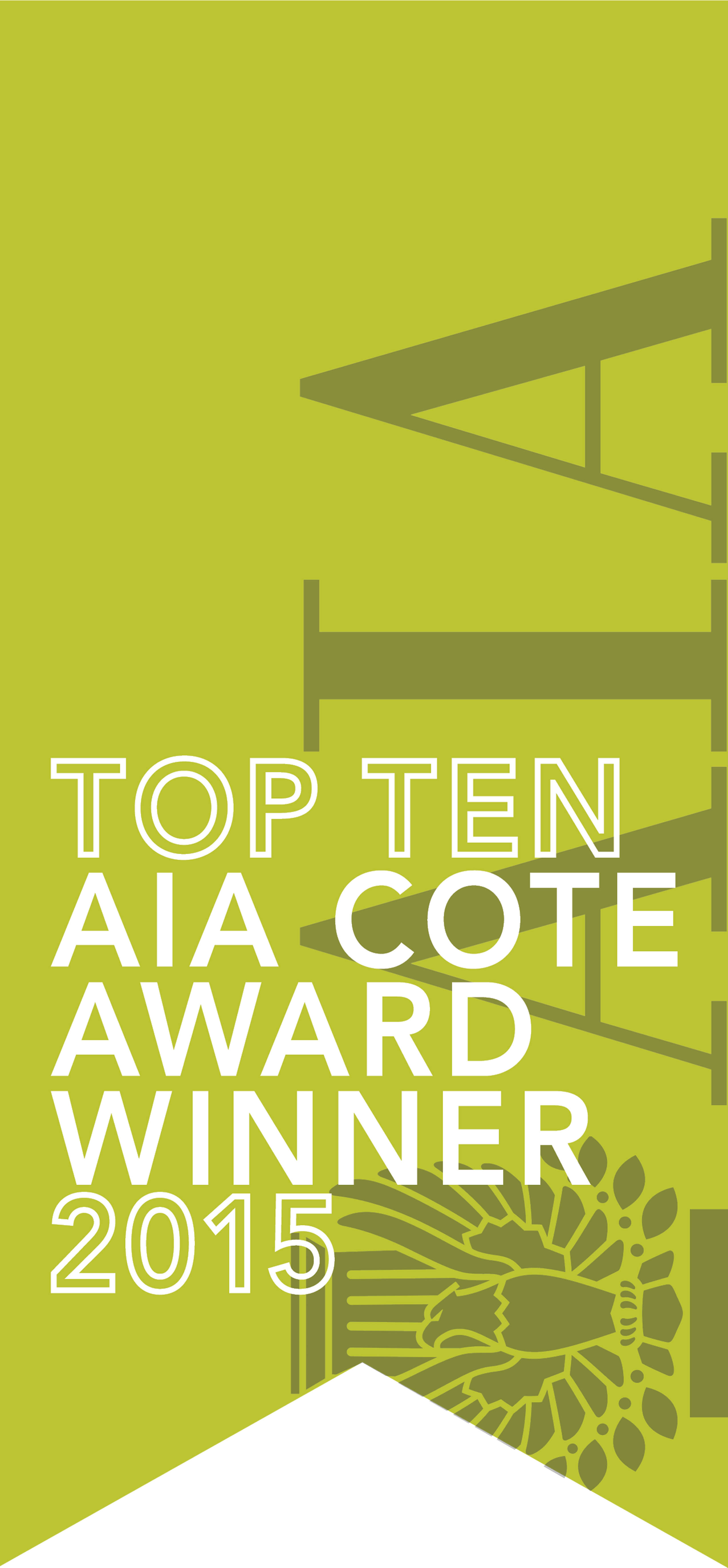 Green background image with minimalistic building outline and white text reading "Top Ten AIA COTE Award Winner 2015" alongside a stylized bird logo, reminiscent of the elegant design seen at Stanly Ranch, an Auberge Resorts Collection property.