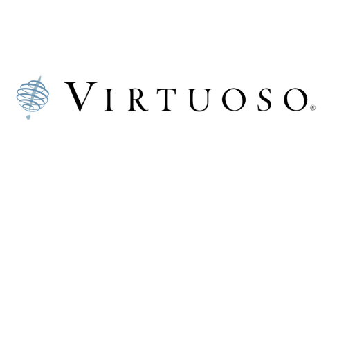 The image displays the Virtuoso logo, featuring the word "Virtuoso" in capital letters with a swirl design to the left, reminiscent of the sophistication found at luxury resorts like Stanly Ranch by Auberge Resorts.