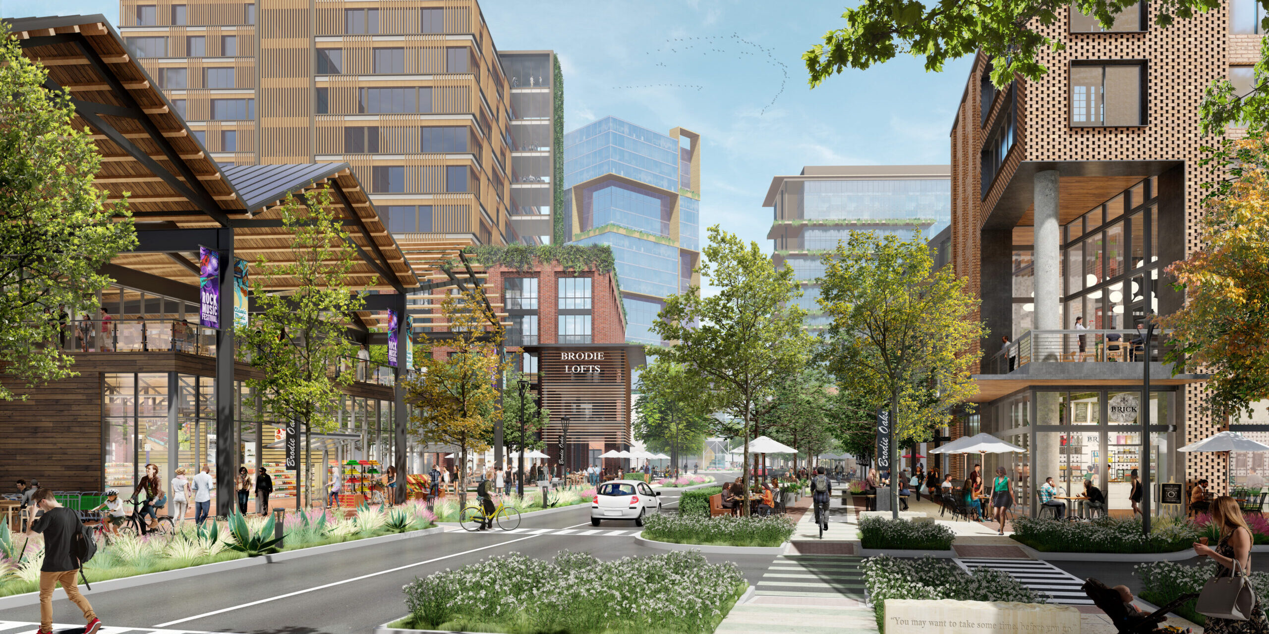 A bustling urban street scene with pedestrians, outdoor seating, trees, and modern buildings with glass facades. Signs read “Brookie Lofts.” A few cars and cyclists are on the road.