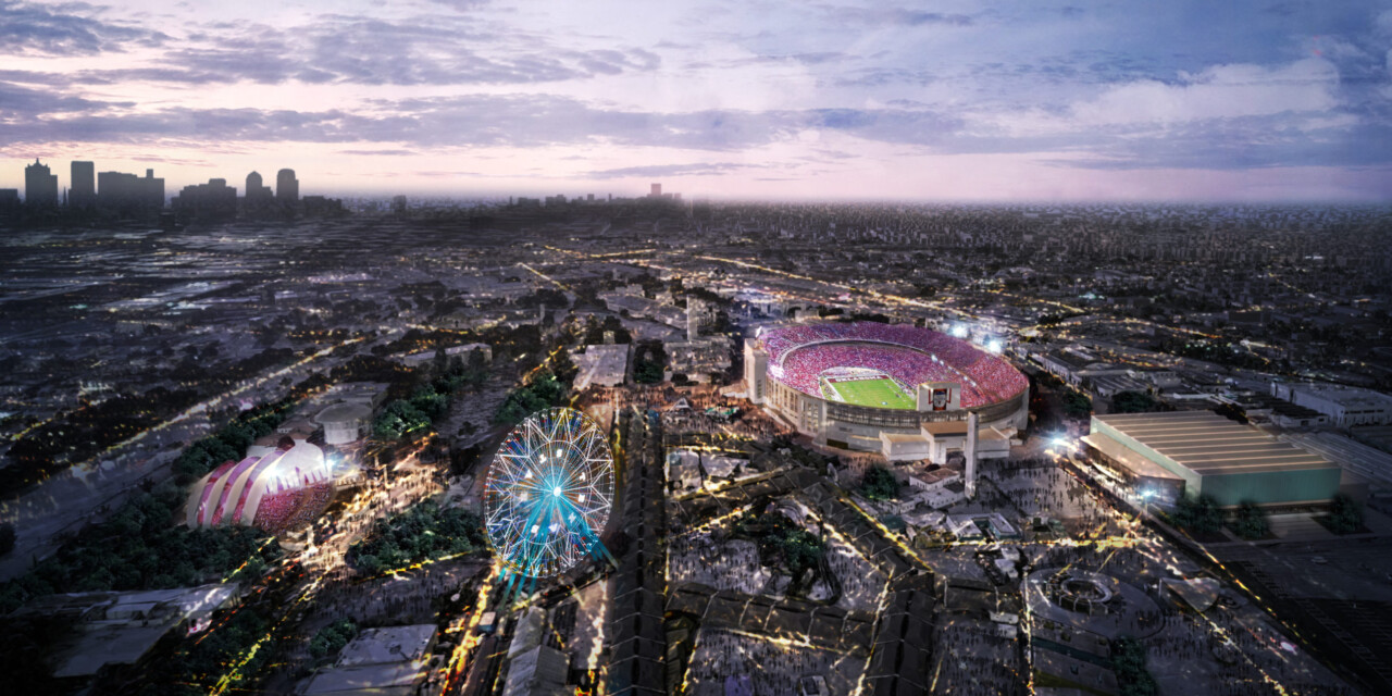 Aerial view of a cityscape at dusk featuring a large stadium, an illuminated Ferris wheel, and surrounding city lights.