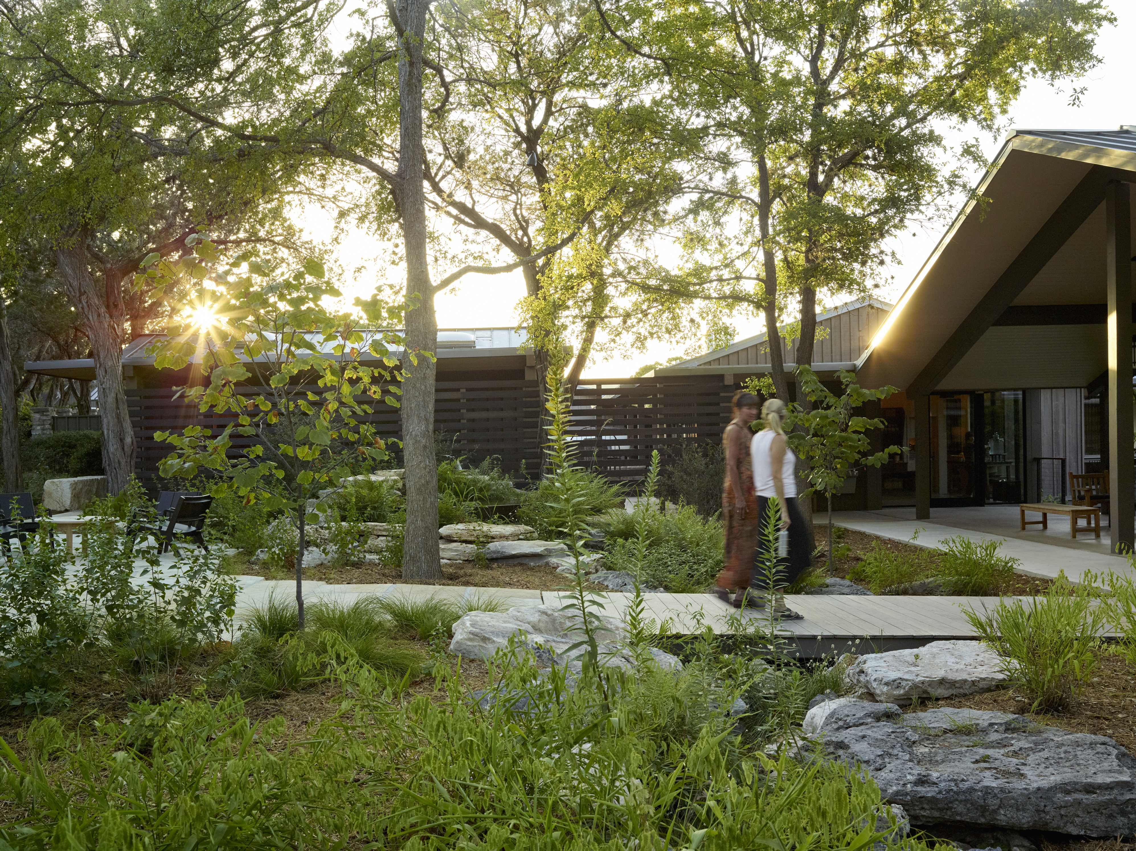 Two people walk along a wooden path surrounded by greenery and trees, next to a modern building with large windows at sunset, their journey a gentle reminder of our collective environmental footprint.