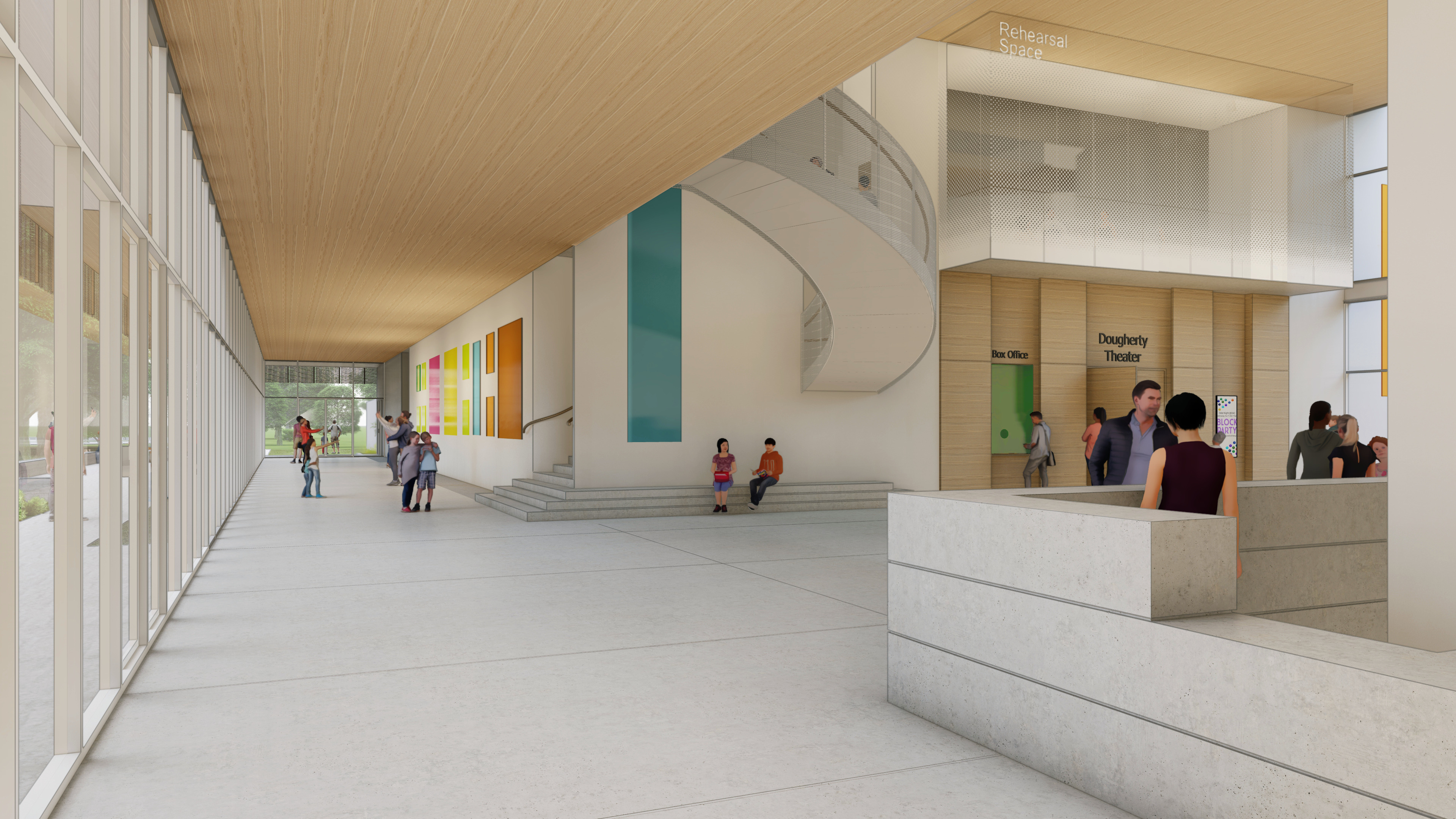 A modern, spacious lobby at the Dougherty Arts Center in Austin with people walking and seated. The area features large windows, colorful wall panels, a curved stairway, and signs for a ticket office and rehearsal space.