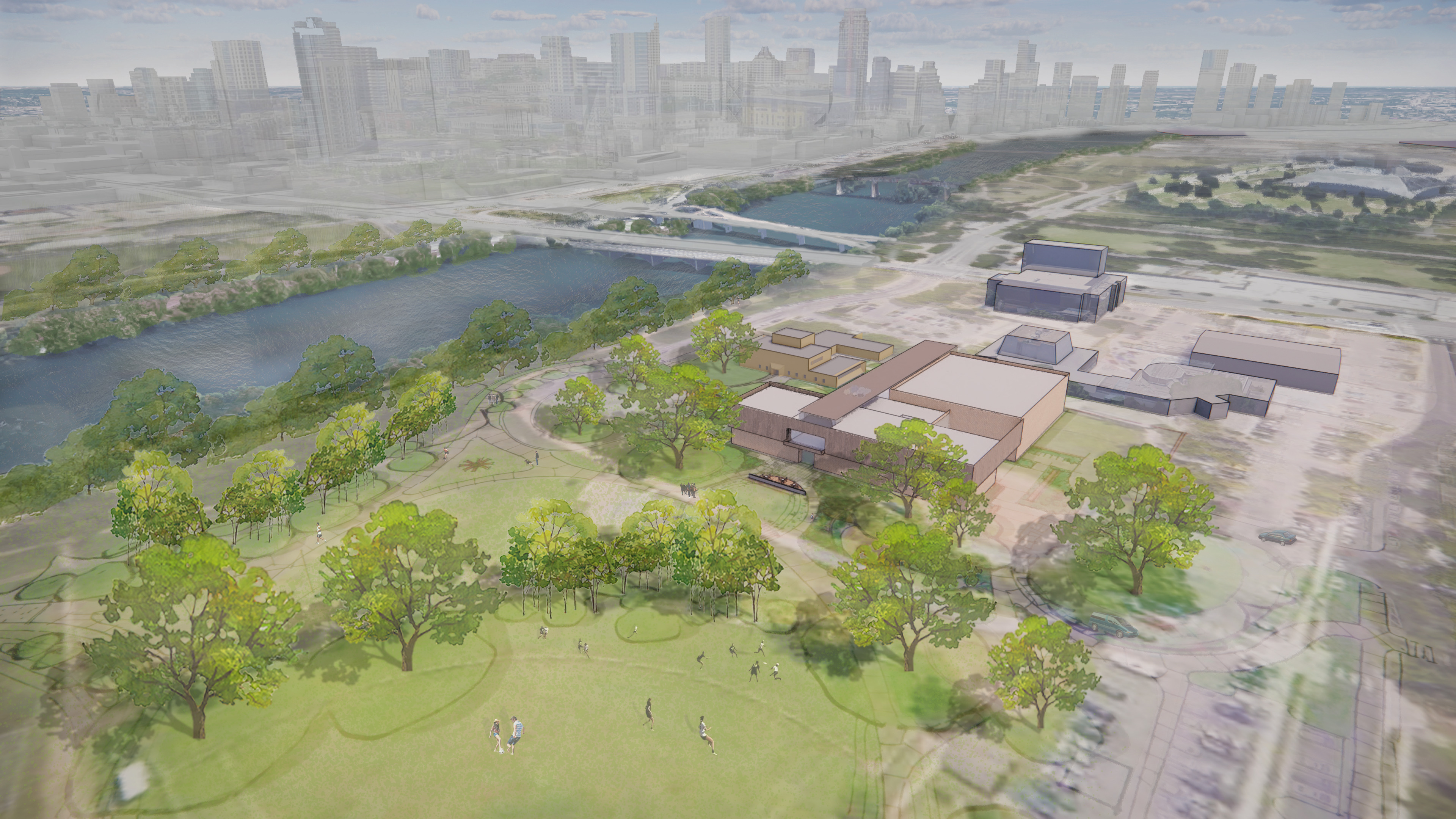 Aerial view of a proposed development plan featuring green spaces and buildings near a river, complemented by the Dougherty Arts District in the foreground, with a city skyline in the background.