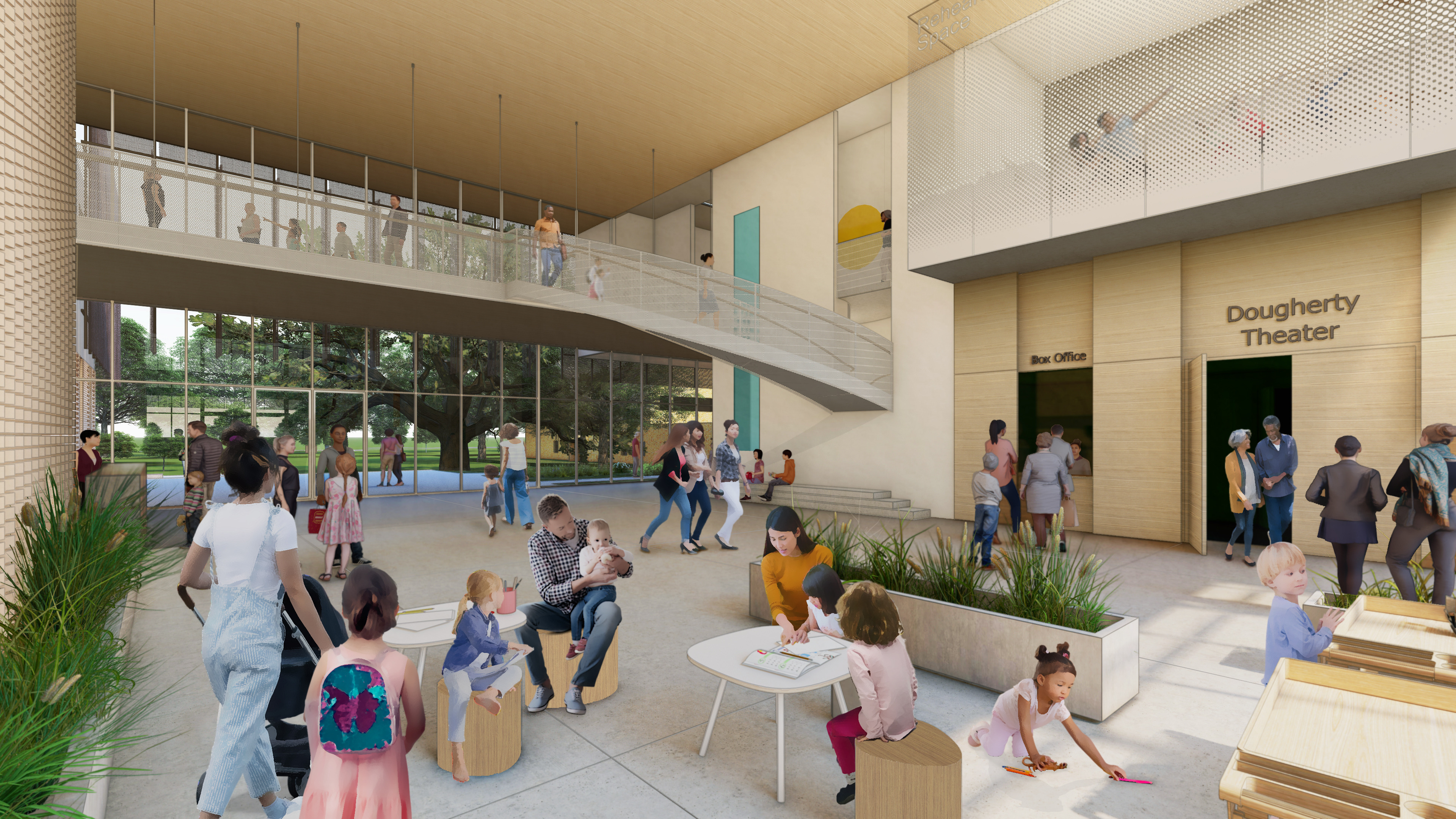 People of various ages are in a modern, spacious indoor lobby area at the Dougherty Arts Center, with tables, seating, and a staircase leading to an upper level. Some are seated and engaged in activities, while others walk around, embracing the creative spirit of Austin arts.