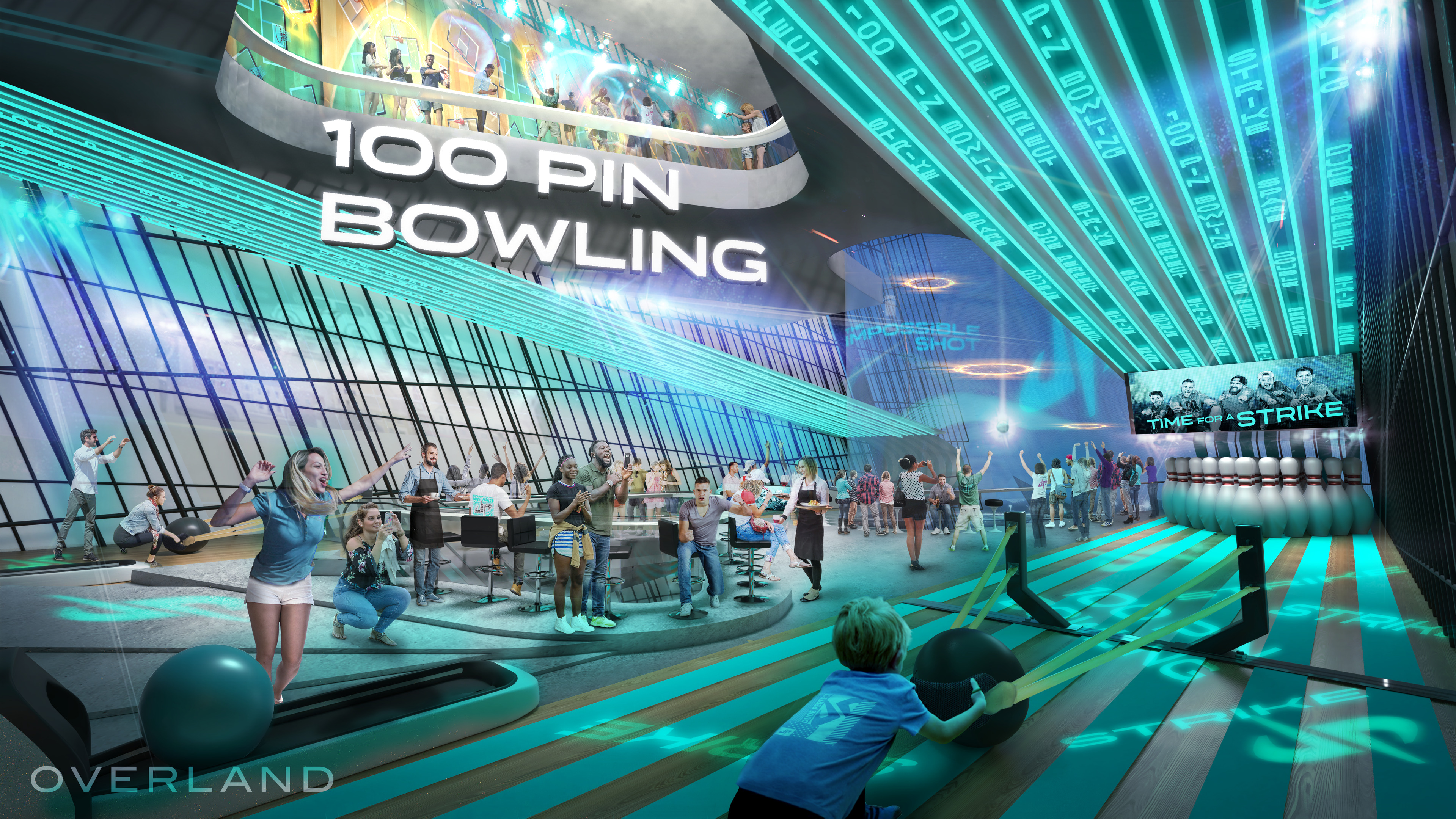 A futuristic bowling alley featuring neon lights and a two-story design reminiscent of a Dude Perfect world. A large "100 Pin Bowling" sign is displayed prominently. People of all ages are engaged in various activities, with a child ready to bowl.