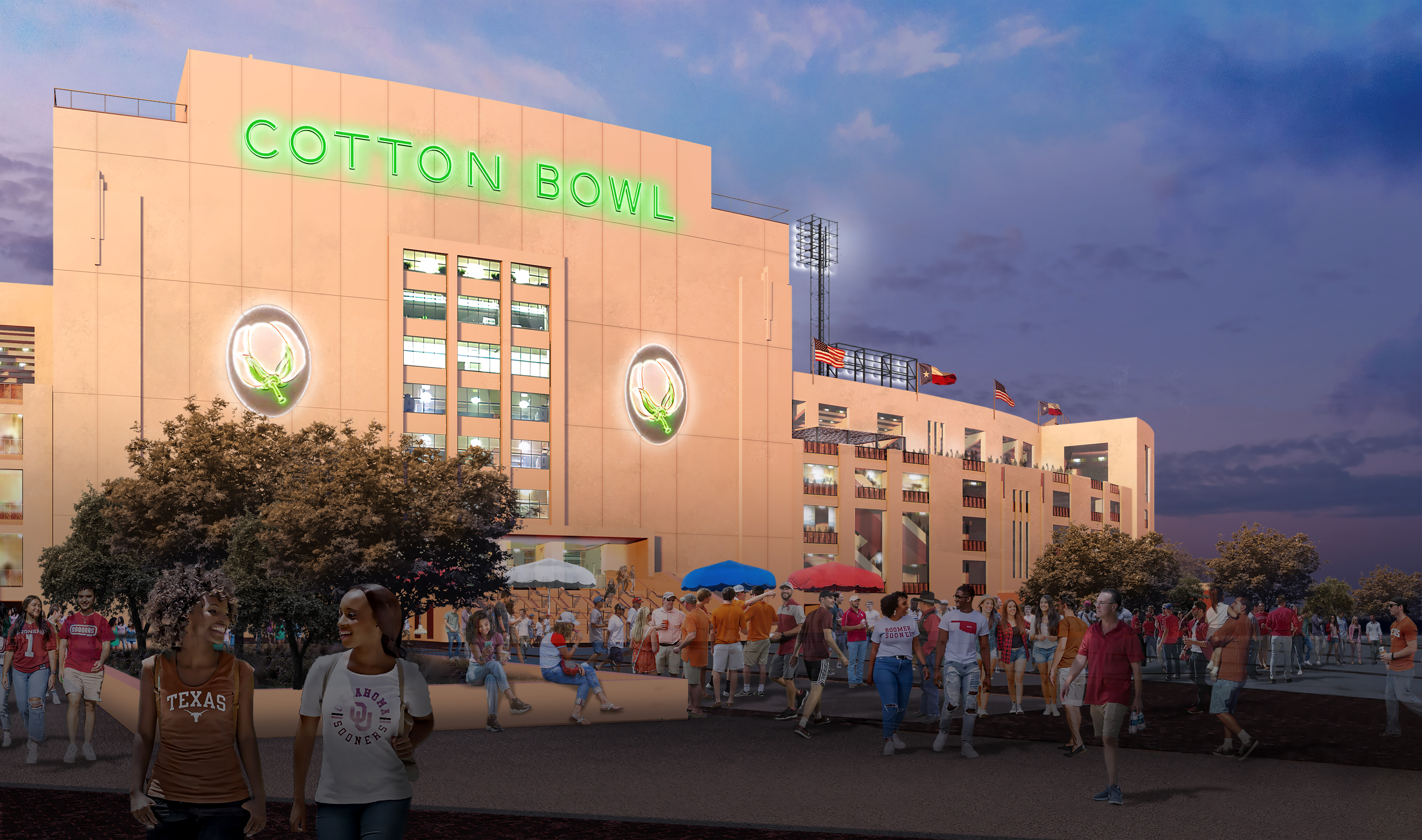 A crowd gathers outside of the Cotton Bowl at dusk, with a well-lit building and trees in the foreground. The recent renovation has only added to the stadium's charm.