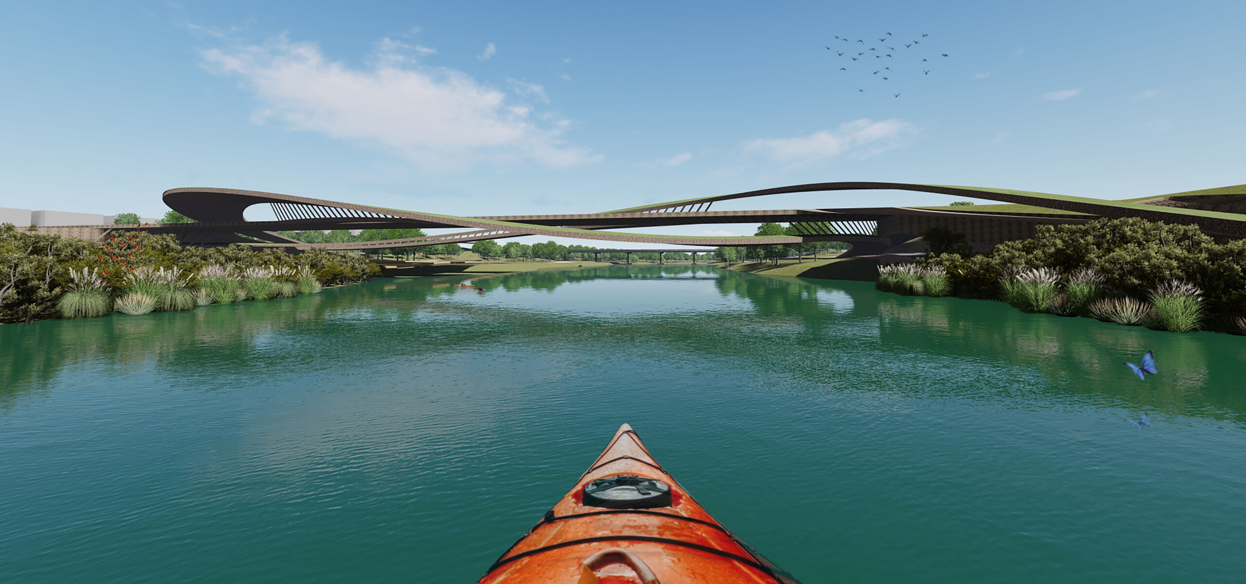 A kayak floats on a calm river towards a modern, twisted bridge. Lush greenery lines the banks and a few birds are visible in the sky.