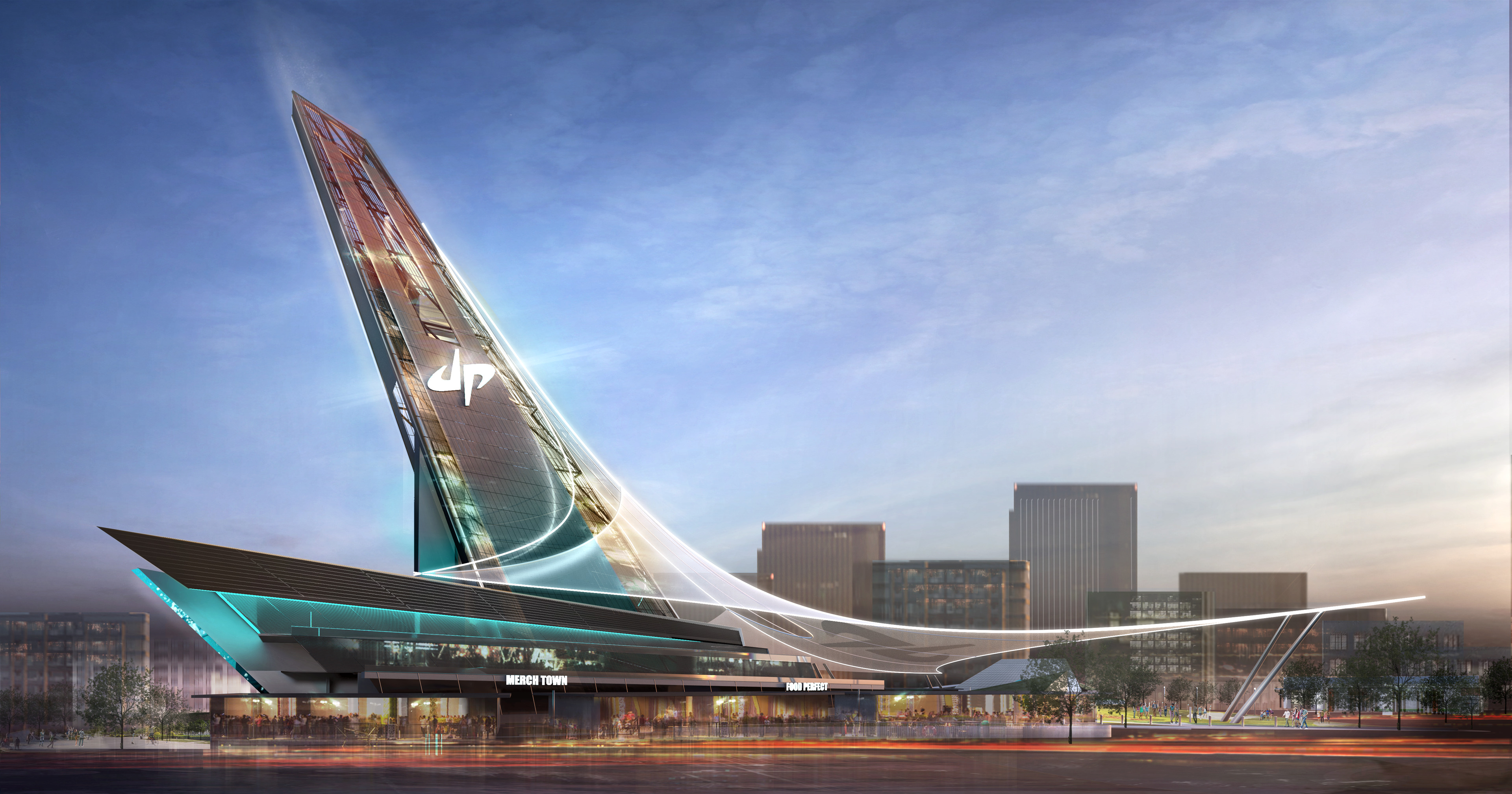 Futuristic building with a tall, angled tower featuring "JP" and sleek, modern architecture against a city backdrop. Trees and light trails from passing traffic are visible in the foreground, giving it that Dude Perfect World vibe.