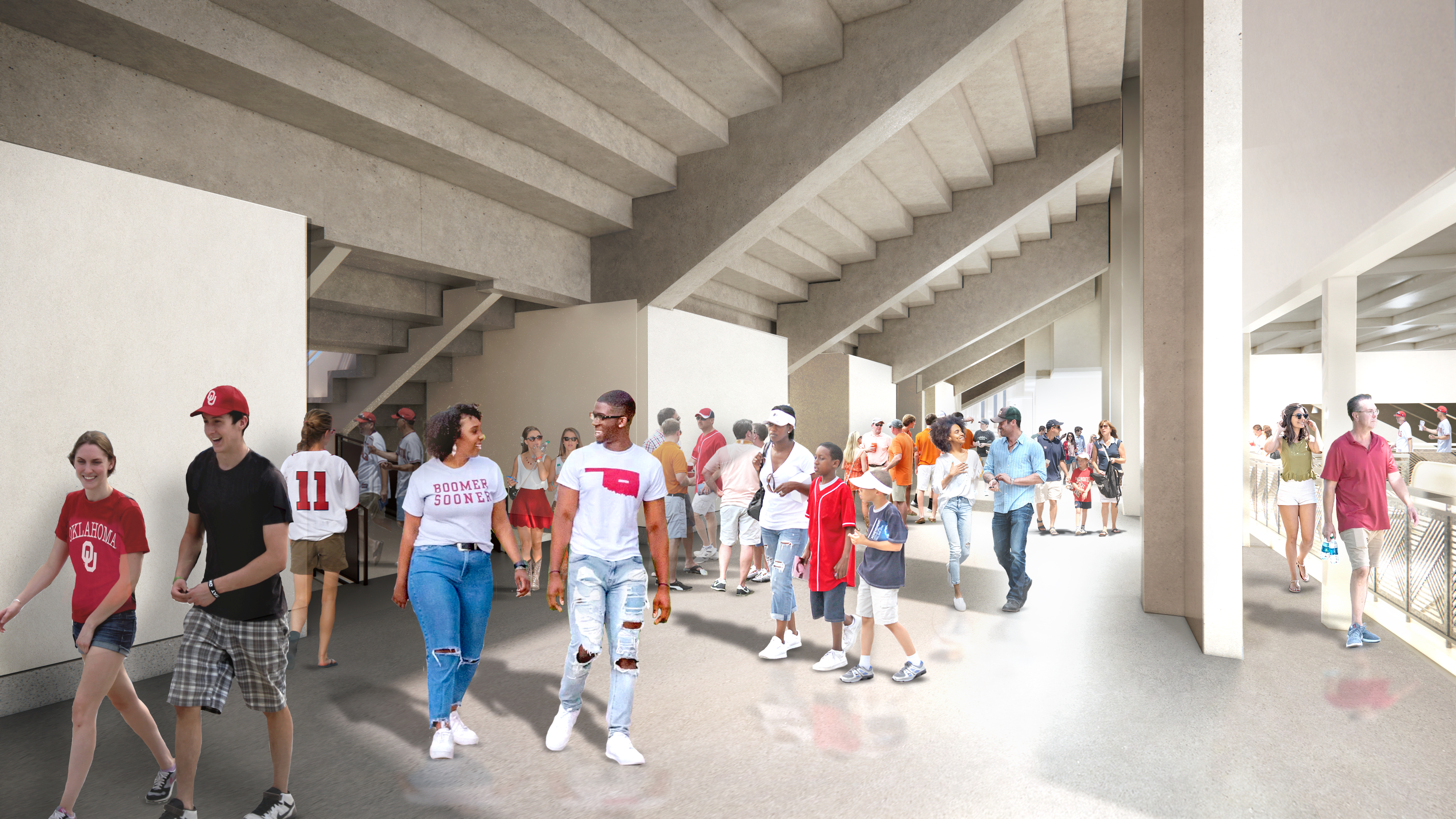 People walk through a busy concourse under stadium seating at the Cotton Bowl, some wearing sports jerseys and fan apparel, while others casually stroll or engage in conversation.