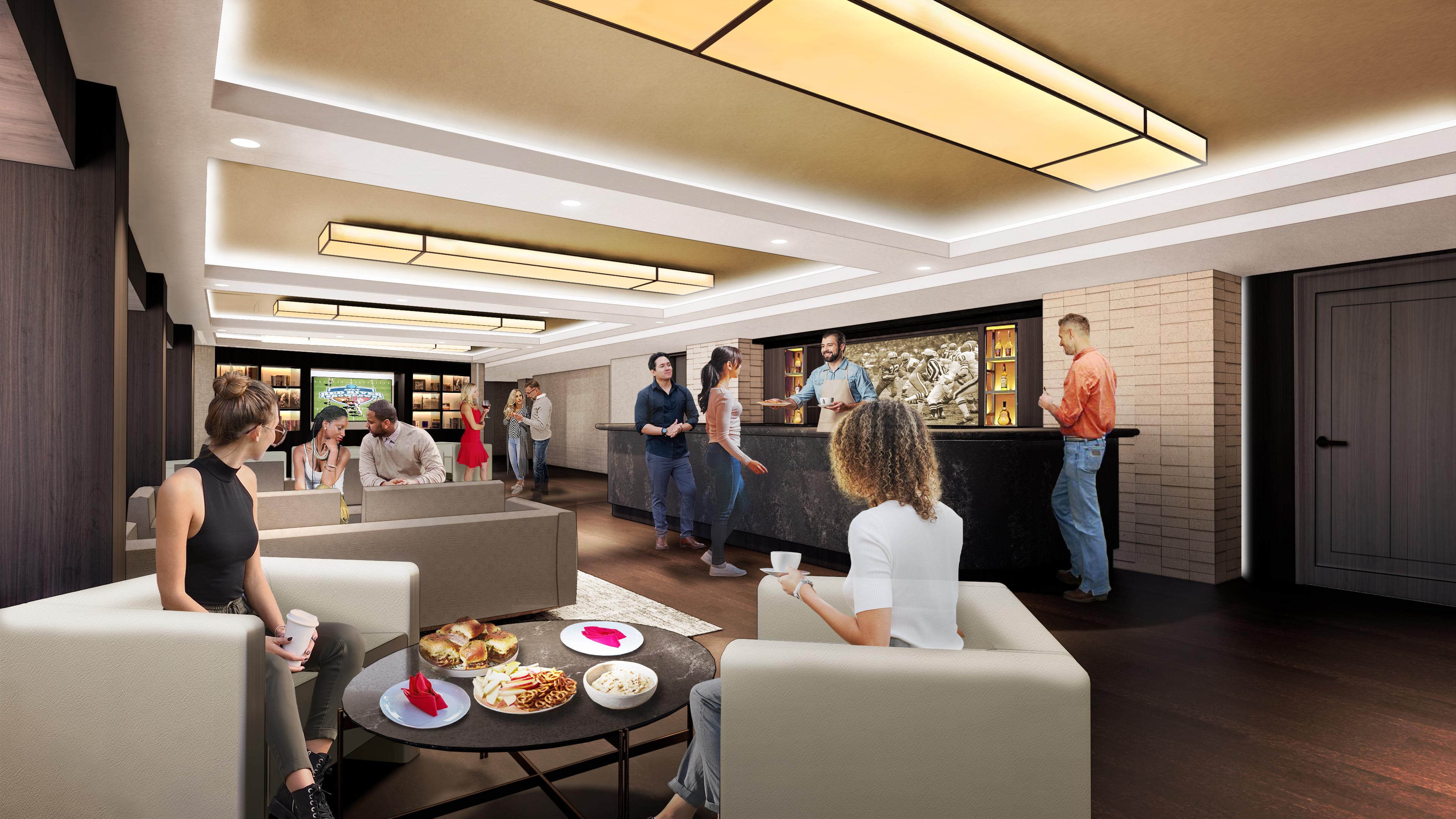 A group of people socializing in a modern lounge with couches, tables, and a bar, sharing stories about their recent trip to the Cotton Bowl. Food and drinks are placed on the table in the foreground.