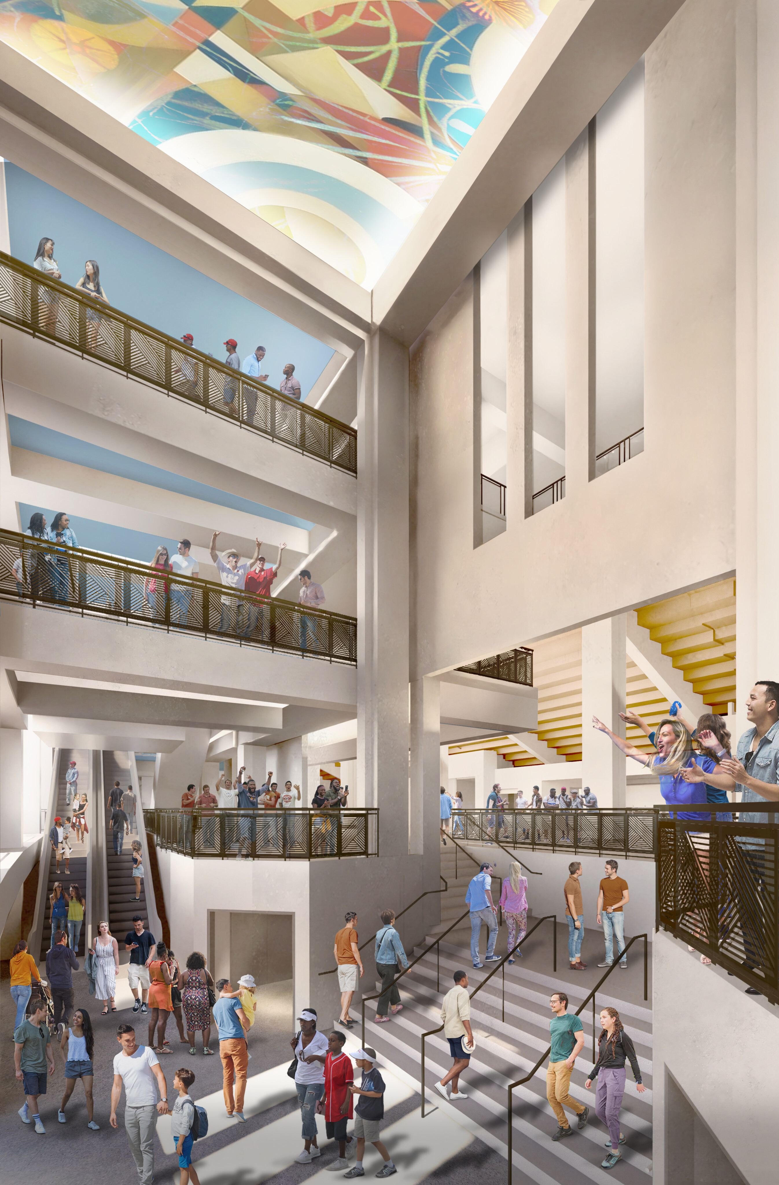 People walk and converse in a multi-level atrium with stairs and balconies, reminiscent of the excitement at the Cotton Bowl. The ceiling features colorful geometric art, and the space is brightly lit with natural light from large windows.