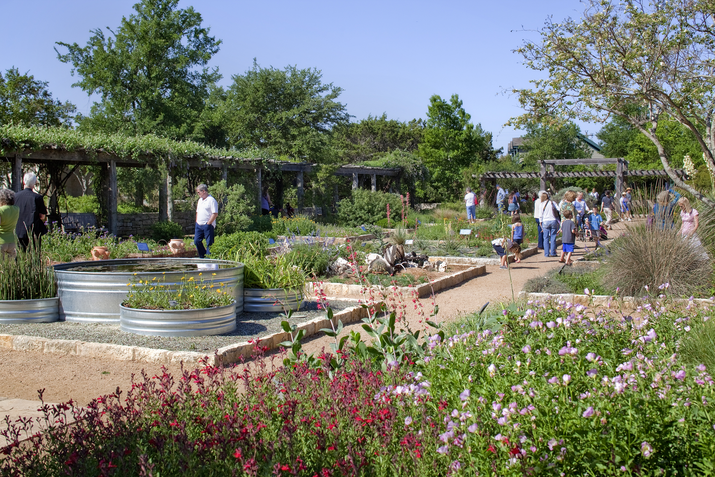 A garden filled with flowers and plants, with pathways lined by people walking and exploring. Decorative metal planters, designed with sustainability in mind, are placed throughout the area. Trees and pergolas provide shade.