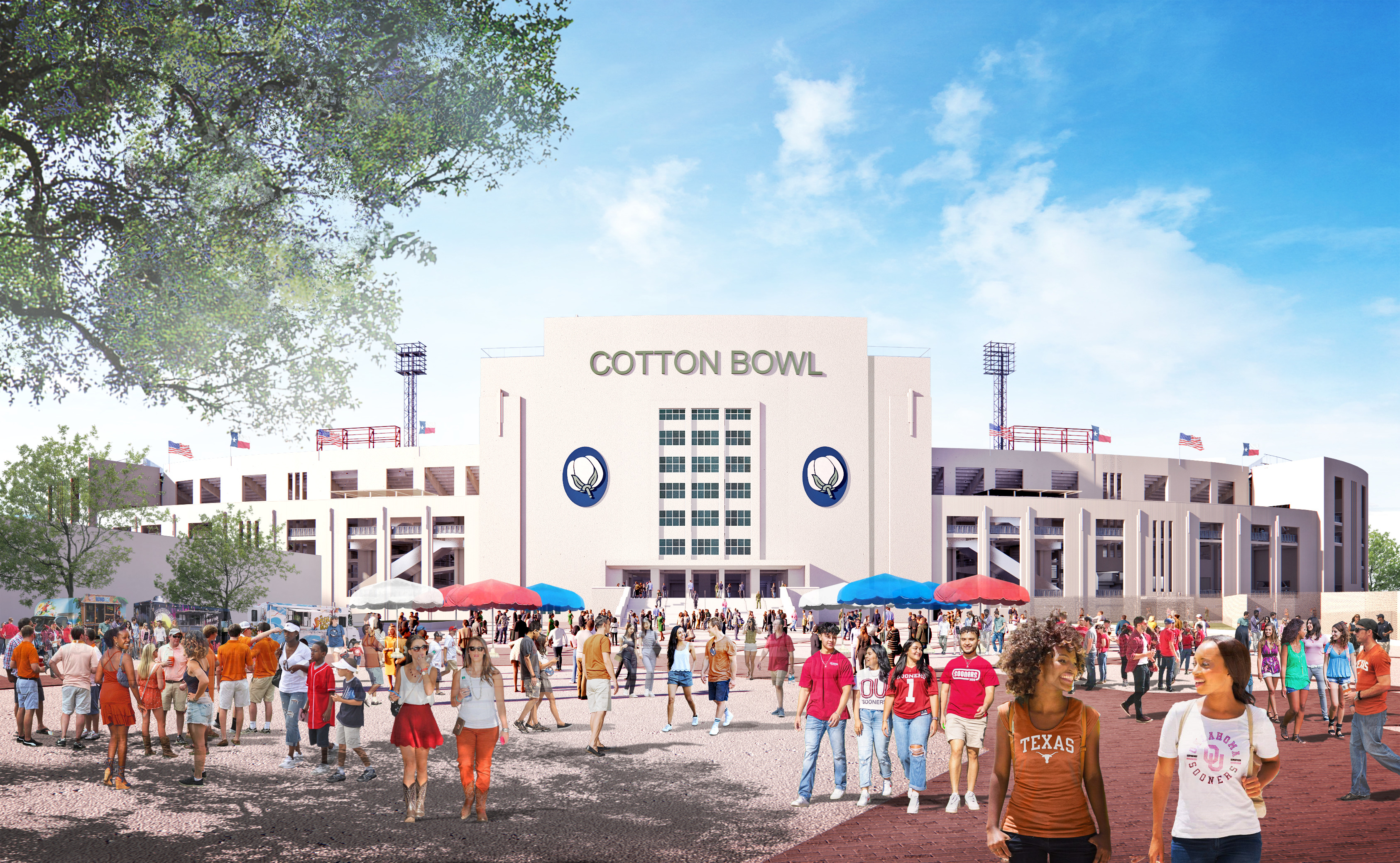 A large crowd of people gathers in front of a stadium with the iconic "Cotton Bowl" sign on a clear day. Some fans are proudly wearing sports team apparel, and various vendor tents add to the festive atmosphere.