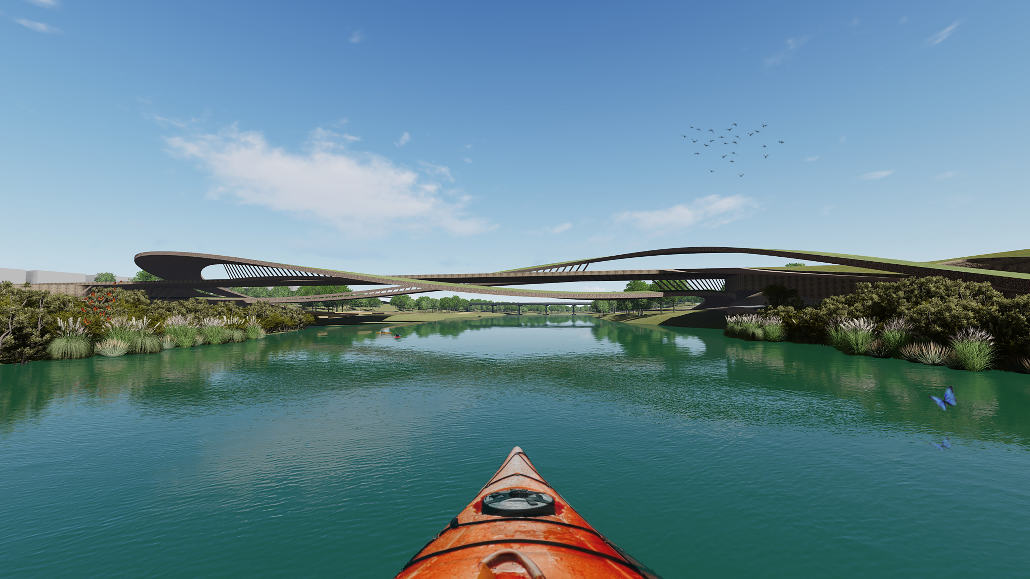 Forward view from a kayak on a calm binational river, with contemporary bridges featuring twisted architecture spanning across the water against a blue sky background, creating a seamless connection between the parklands on either side.