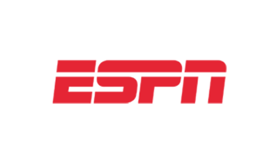 Logo of ESPN, a sports television channel, featuring the company's name in red, bold, slanted letters, reminiscent of the excitement felt at a renovated stadium like the Cotton Bowl.