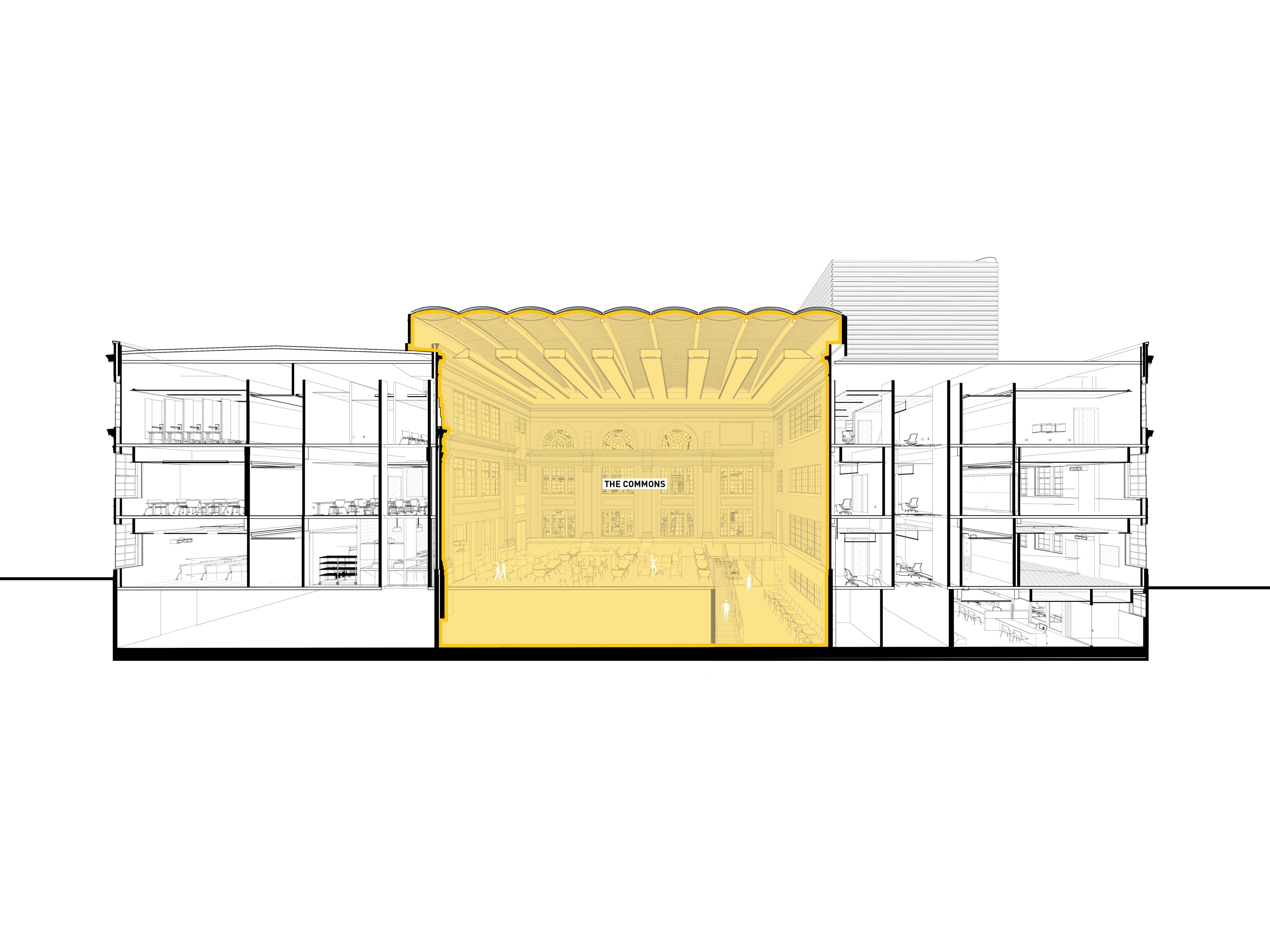 Cross-sectional architectural drawing of a multi-story building at Austin Community College's Rio Grande campus, featuring a central highlighted atrium area labeled "The Commons" with surrounding office and meeting spaces.