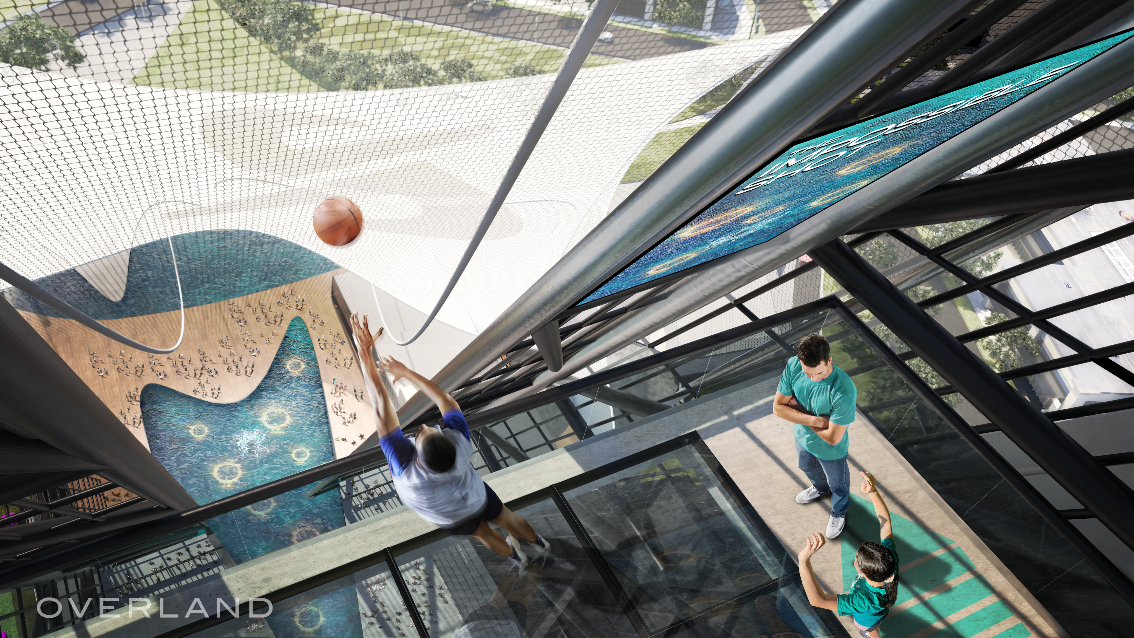 Aerial view of people playing basketball on a glass court high above a cityscape, with a net structure overhead and the word "OVERLAND" in the corner of the image. It looks like something straight out of a Dude Perfect World, perfect for showcasing epic trick shots.