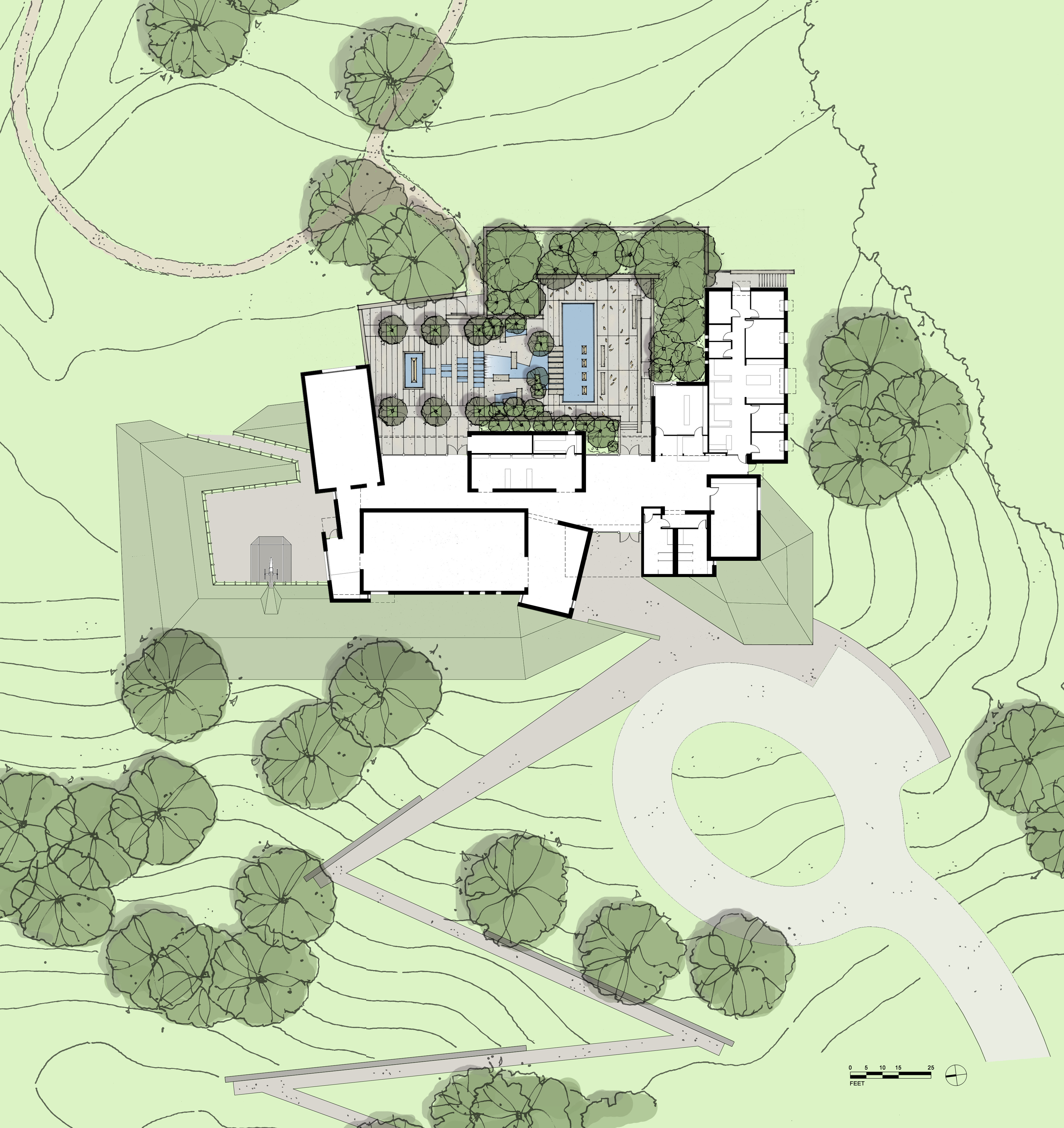 A top-down architectural site plan of a building complex, featuring pathways, a pool, parking areas, and an Interpretive Center dedicated to the Civil War history of Corinth, all surrounded by lush trees.