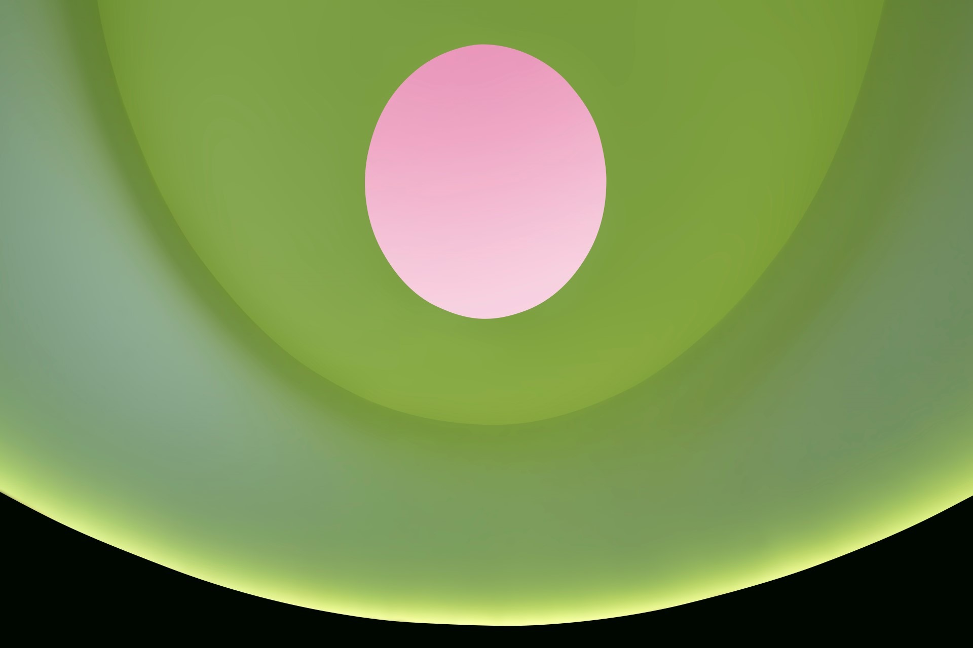 Abstract digital artwork featuring a green gradient circular form with a central pink circle. The image, reminiscent of James Turrell's Skyspace, has a soft, blurry effect with smooth transitions between colors, evoking the essence of color inside light-filled spaces.