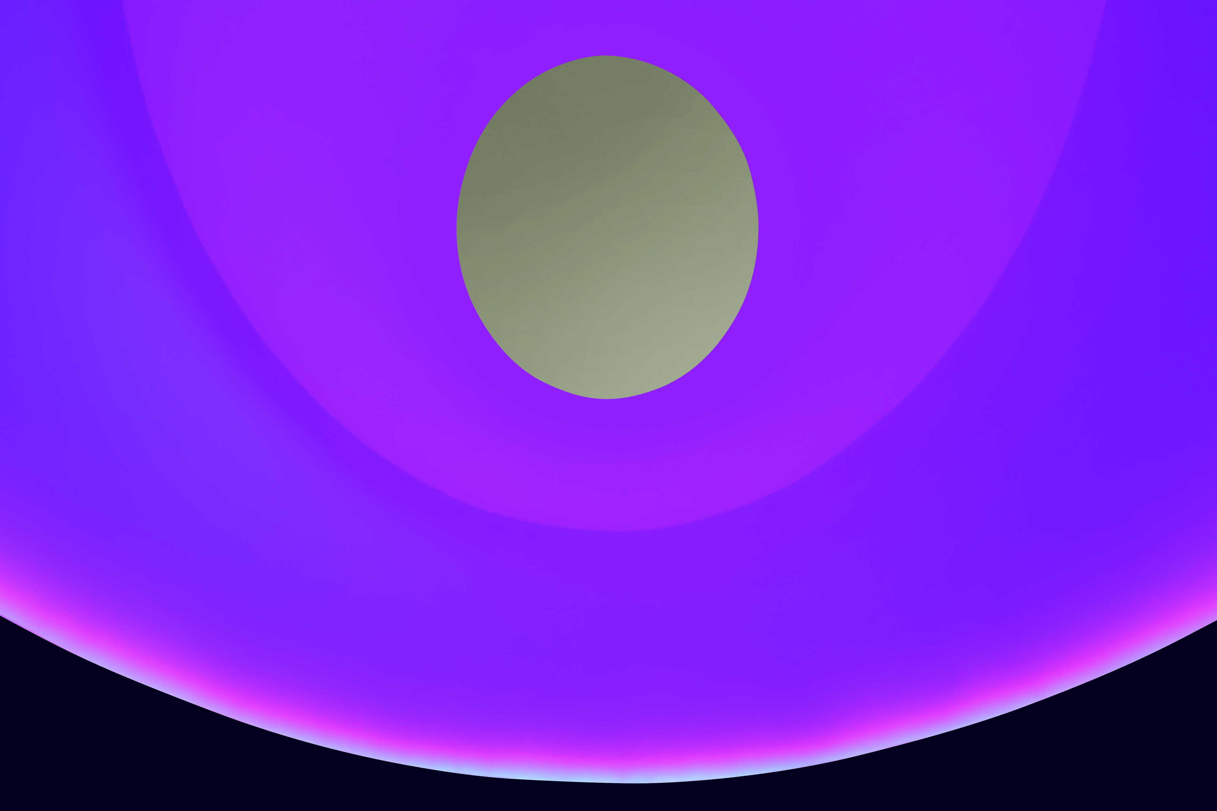 A dark, circular object is centered against a luminous, purple and pink, curved background, reminiscent of James Turrell's Skyspace installations such as Color Inside.