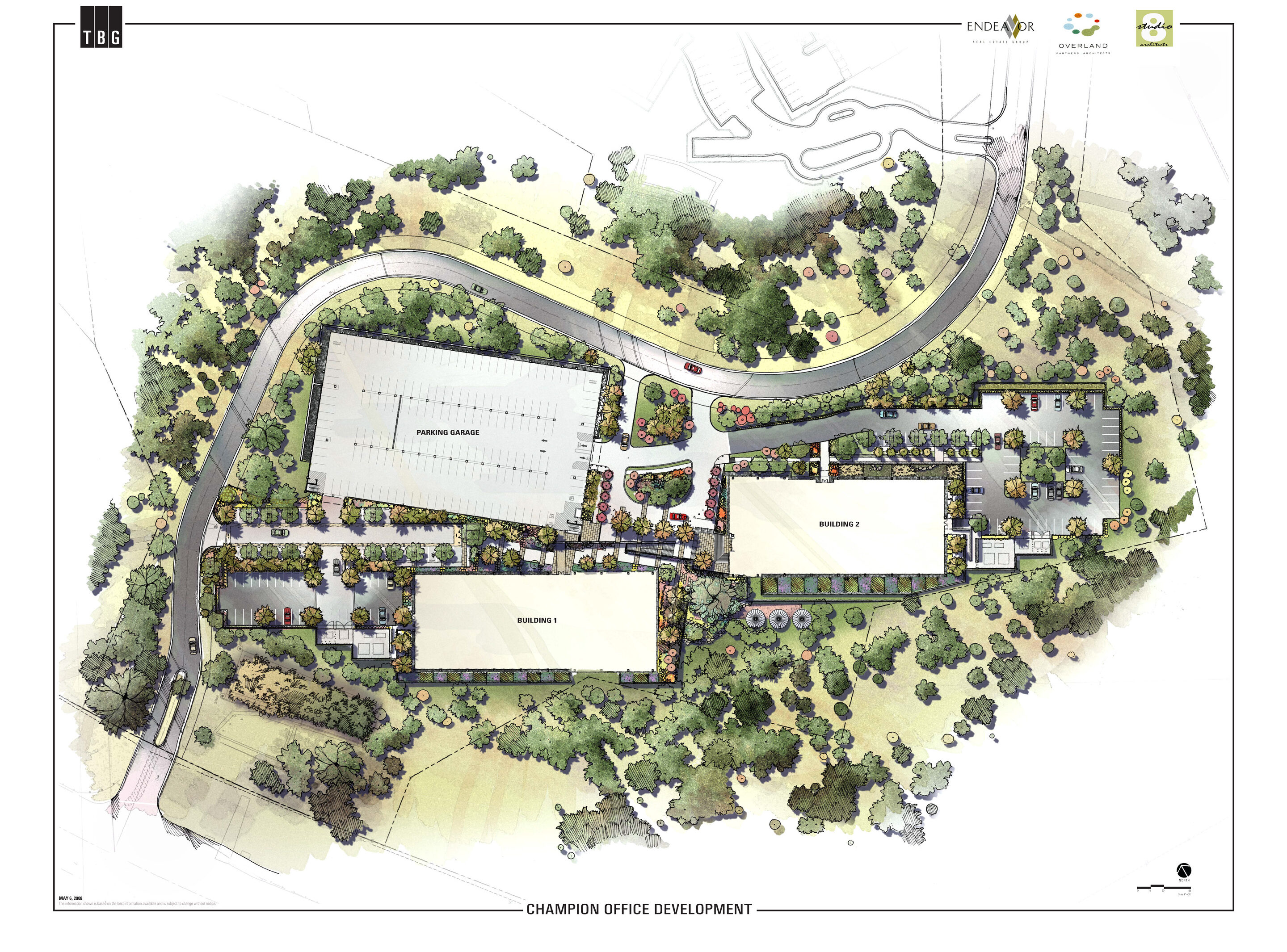 A detailed Auto Draft architectural site plan of Champion Office Development featuring office buildings, parking areas, and landscaped green spaces with surrounding roads visible.