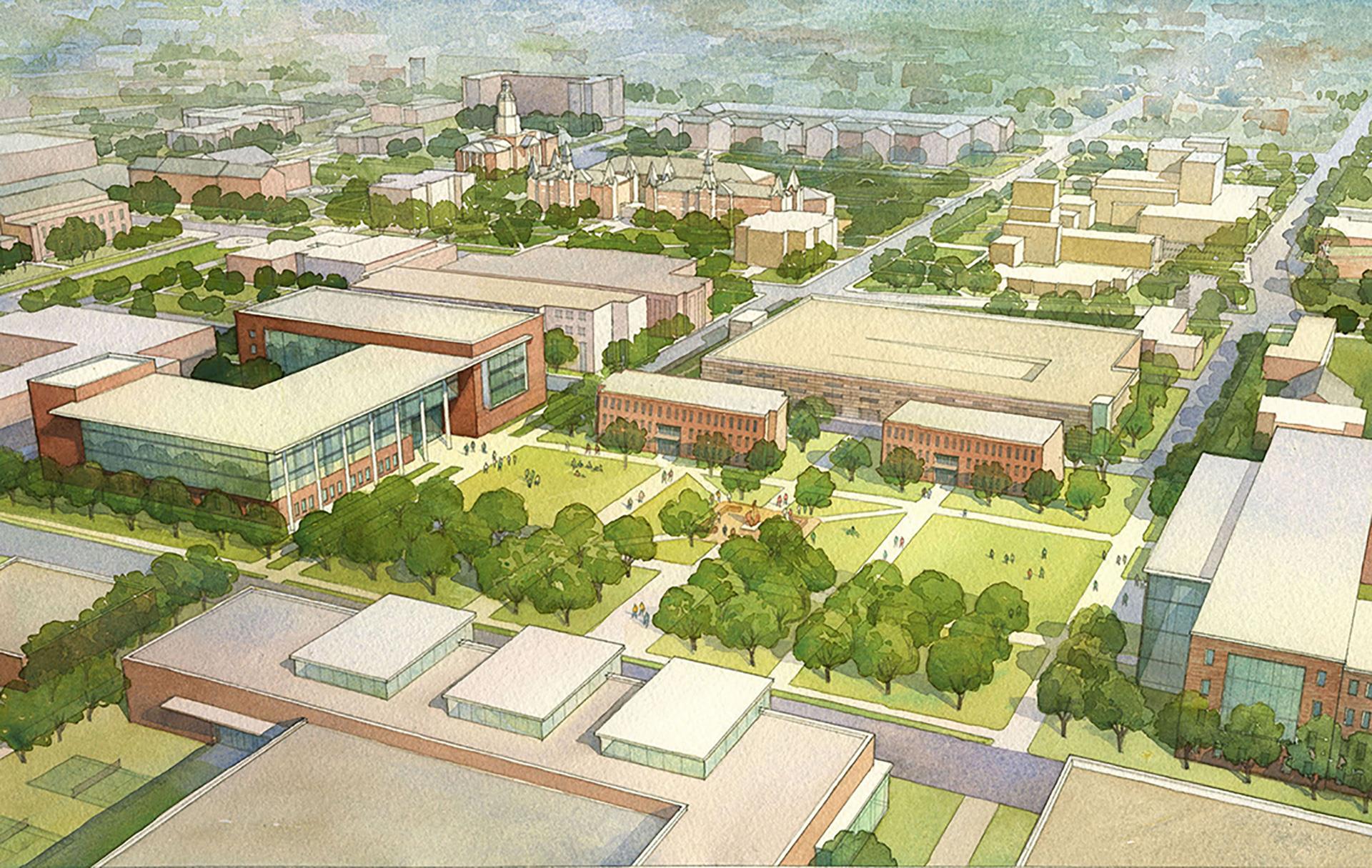 Aerial illustration of Baylor University's campus showcasing multiple buildings, green spaces, and walkways, all arranged according to the Master Plan, surrounded by trees and an urban area.