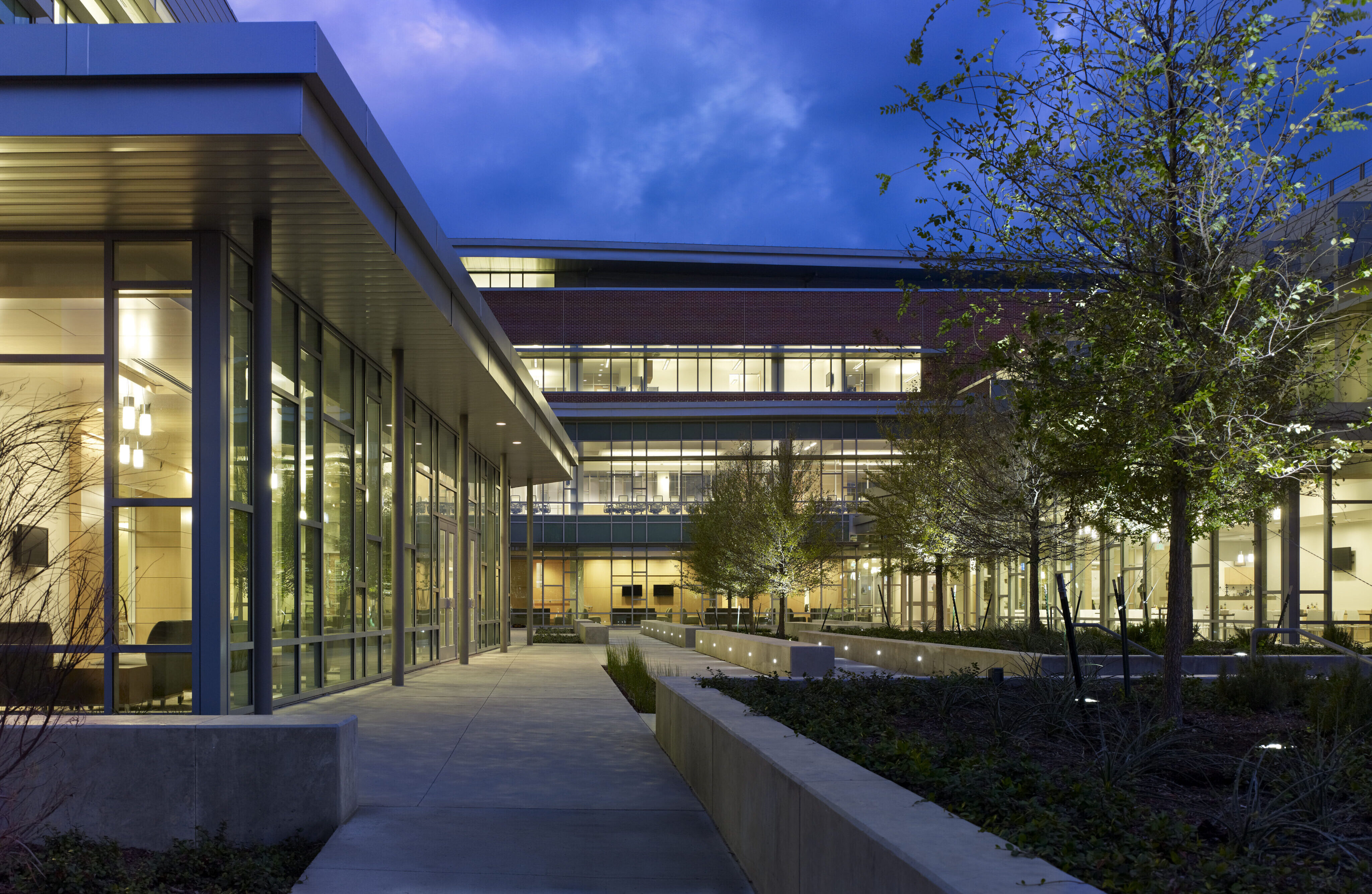 Modern building complex at dusk with glass walls, illuminated interiors, and landscaped walkways featuring young trees and planter boxes, reminiscent of the contemporary design seen at Founders Hall at the University of North Texas in Dallas.