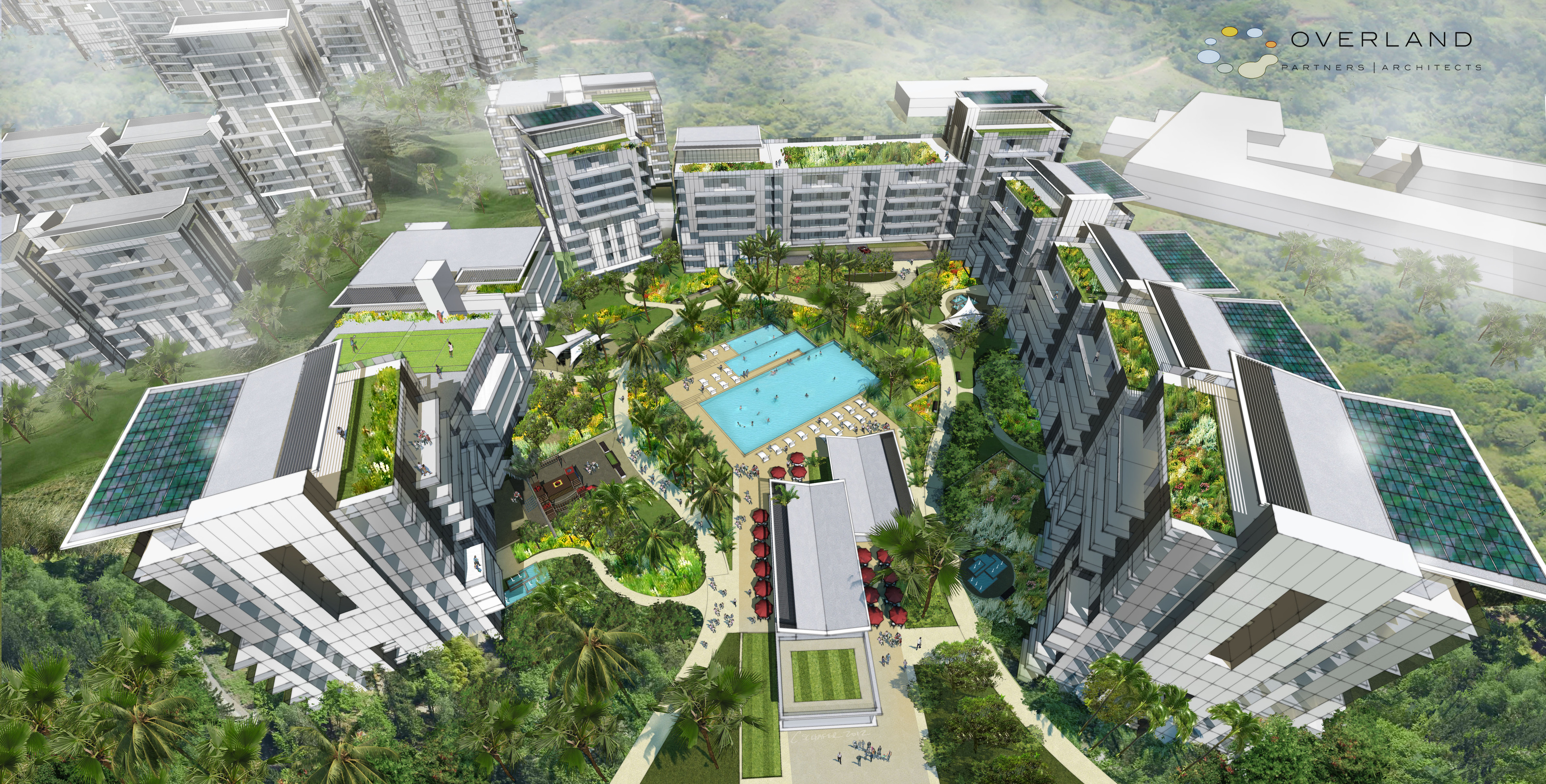 Aerial view of the contemporary residential complex at Mayland Lake, showcasing multiple high-rise buildings, a central swimming pool, lush greenery, and winding pathways—all meticulously laid out according to an innovative master plan.