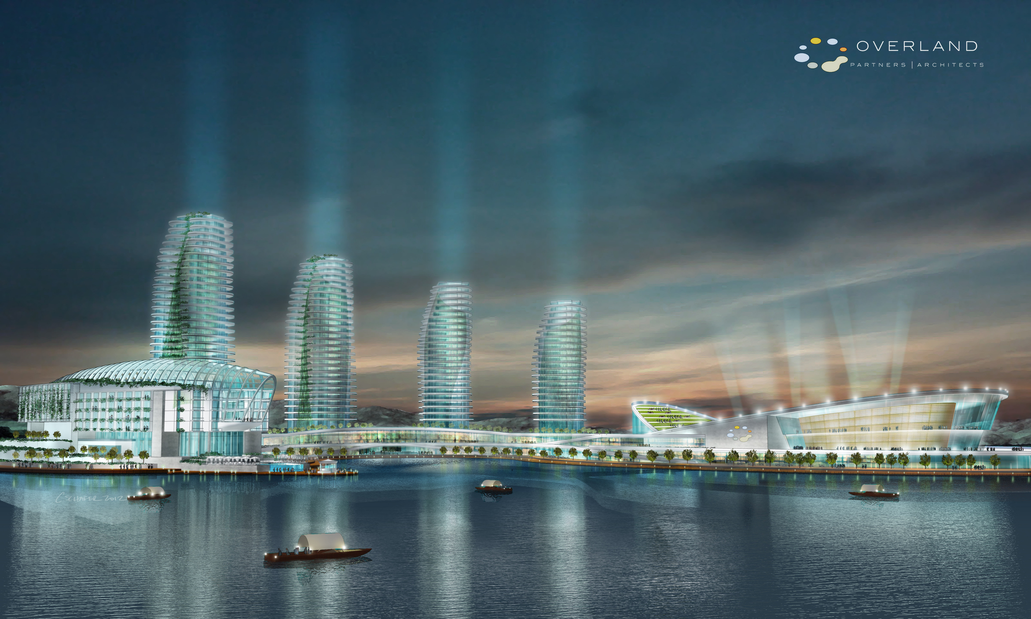 A futuristic waterfront cityscape along Mayland Lake features illuminated towers, modern buildings, a domed structure, and boats gliding on the water at dusk, all meticulously designed as part of an innovative master plan.