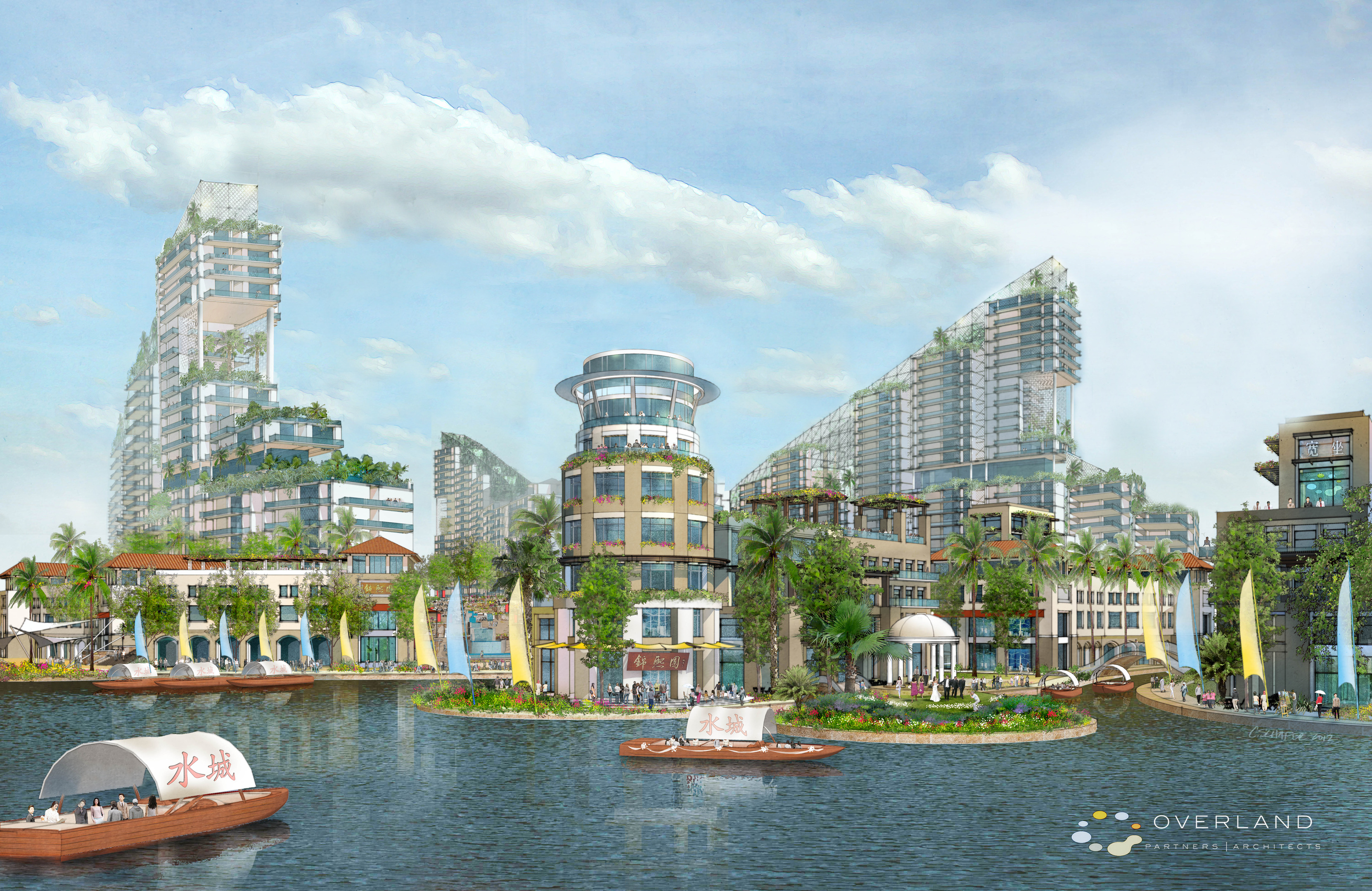 Mayland is a vibrant waterside city with modern high-rise buildings adorned with greenery, boats gliding on the lake, people strolling along the promenade, all framed by a clear blue sky above.