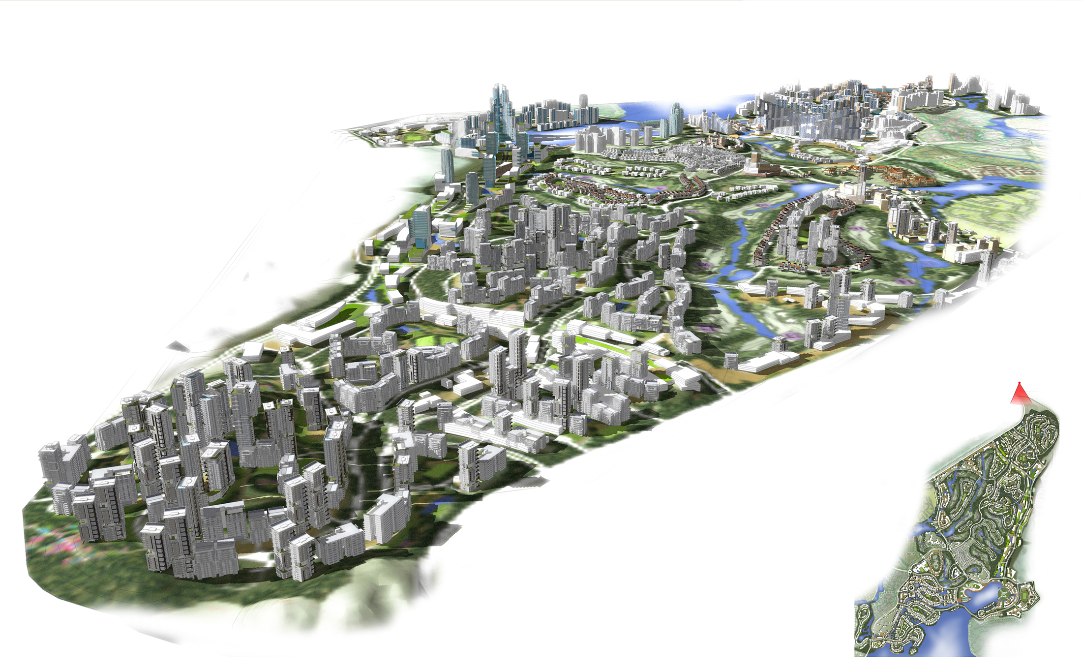 A 3D-rendered urban model of Manhattan, New York, showcasing buildings and landmarks, with a small map in the bottom corner illustrating the Master Plan for Mayland Lake.