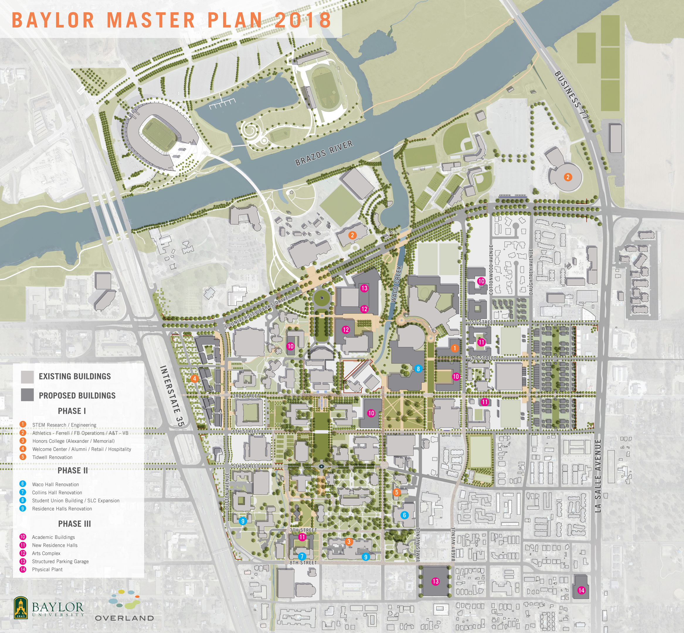 A campus map titled "Baylor University Master Plan 2018" displaying existing buildings, proposed structures, and phased development zones with a legend and color-coded sections.