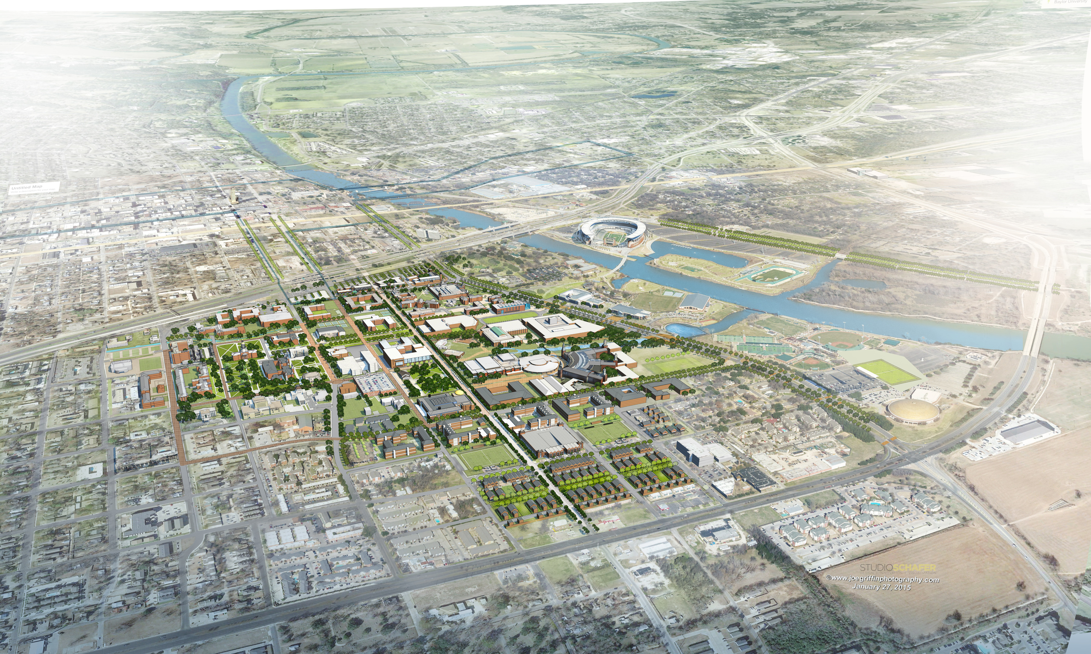 Aerial view of a master plan layout for a large urban development near Baylor University, featuring residential, commercial, and green spaces alongside a river and a stadium.