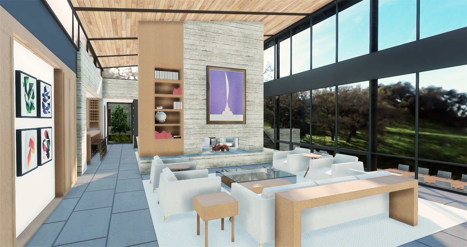 Modern living room with large windows, white furniture, and a glass coffee table. Artwork is hung on the walls, and the outside view shows greenery and trees from MoonSprings Vineyard.