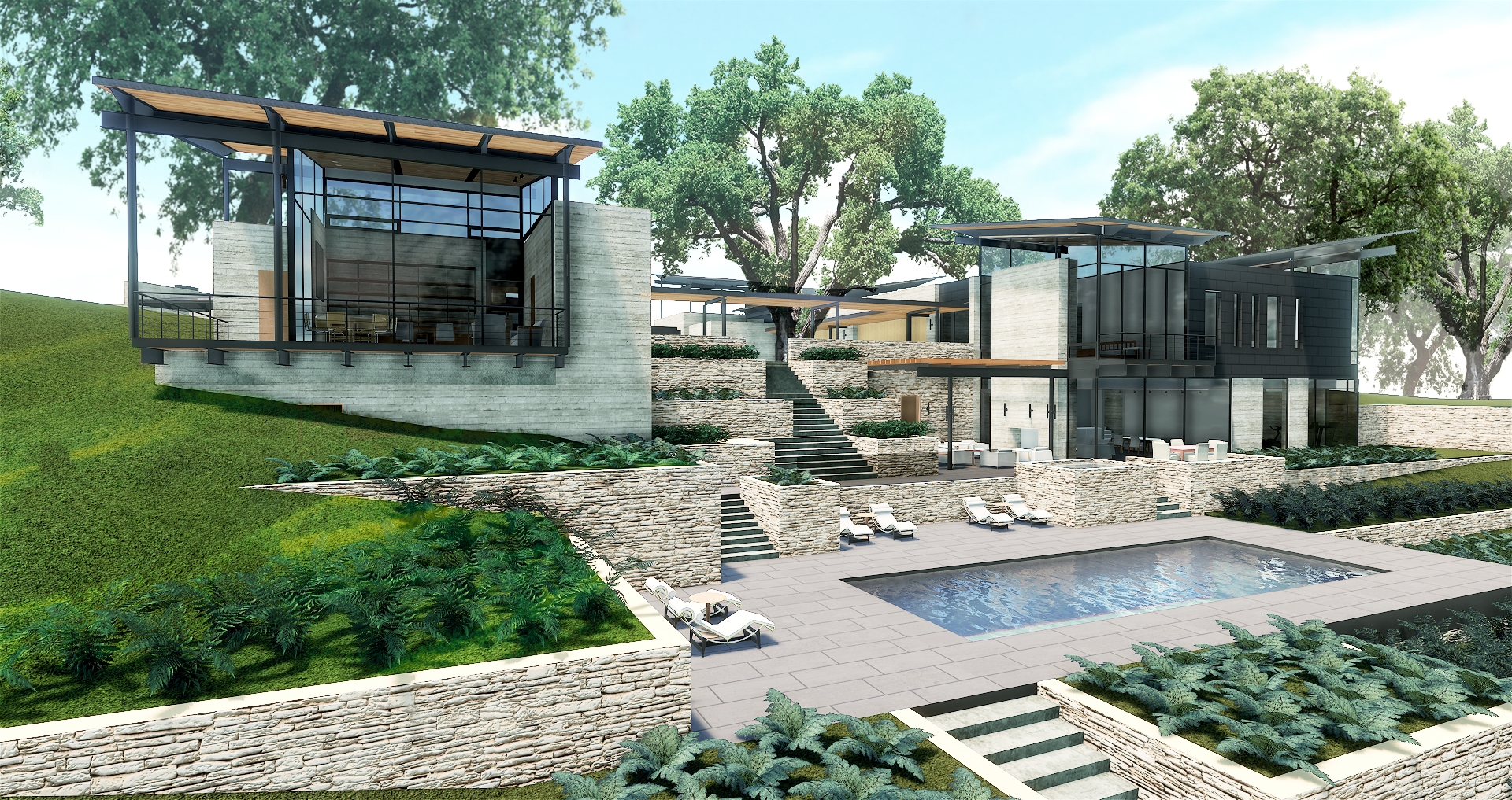 Modern house with multiple glass and concrete structures, outdoor stairs, a large pool, and surrounding greenery on a hillside. Several chairs are placed around the pool, offering views of the serene MoonSprings Vineyard.