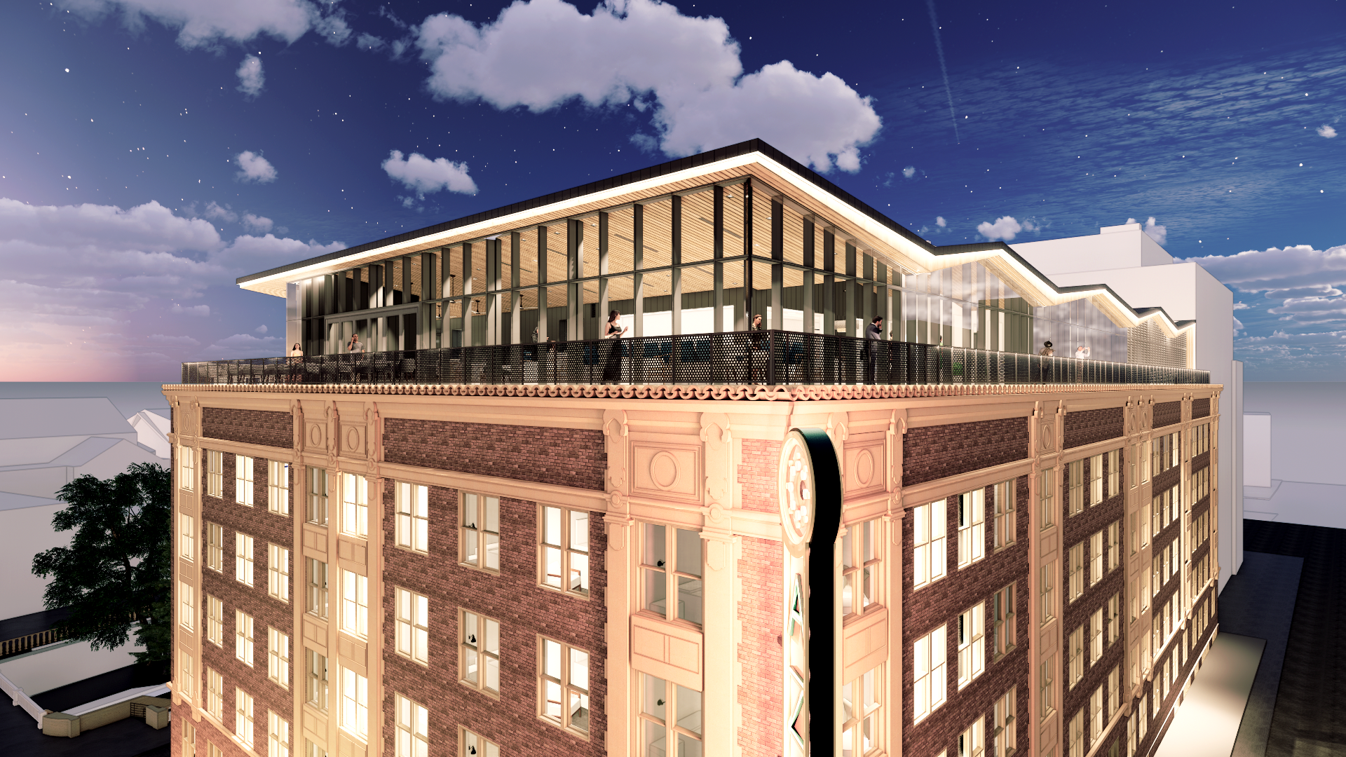 A brick building with large windows is shown at dusk. The top floor features a modern, glass-enclosed rooftop area under a starry sky, reminiscent of San Antonio’s historic venues like the Aztec Theater.