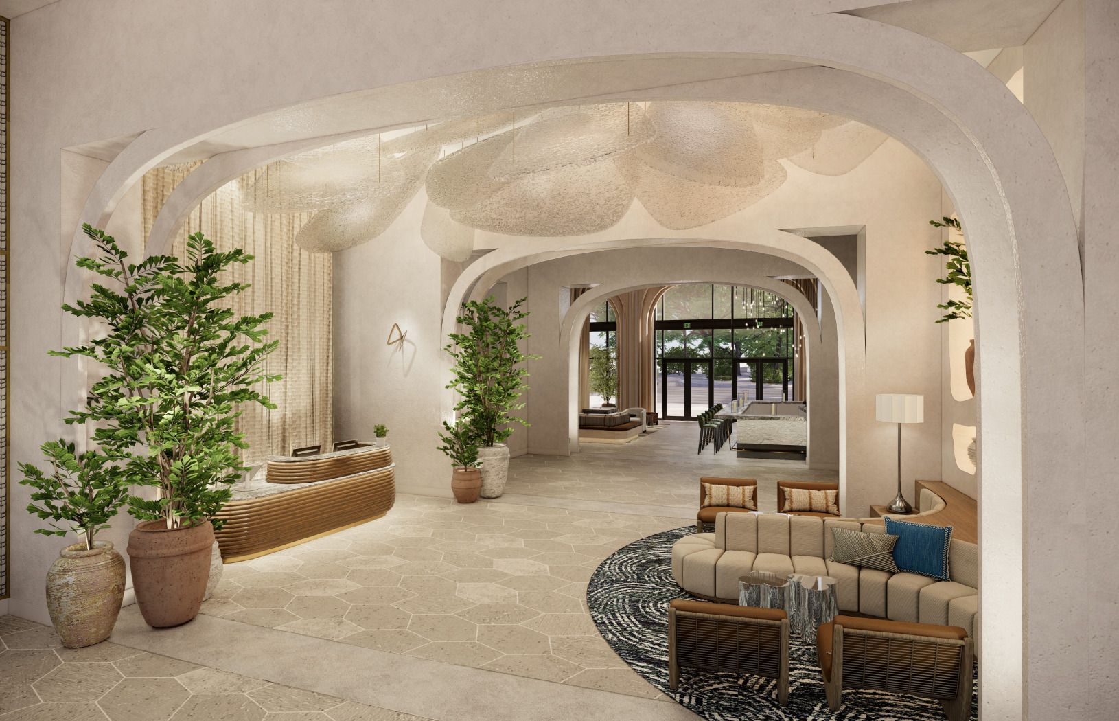 A spacious, elegantly designed lobby at the Hilton Hotel's Curio Collection Monarch San Antonio features modern furniture, potted plants, and large arched doorways leading to a bedroom area with a large window. Neutral tones and natural light create a calm ambiance.