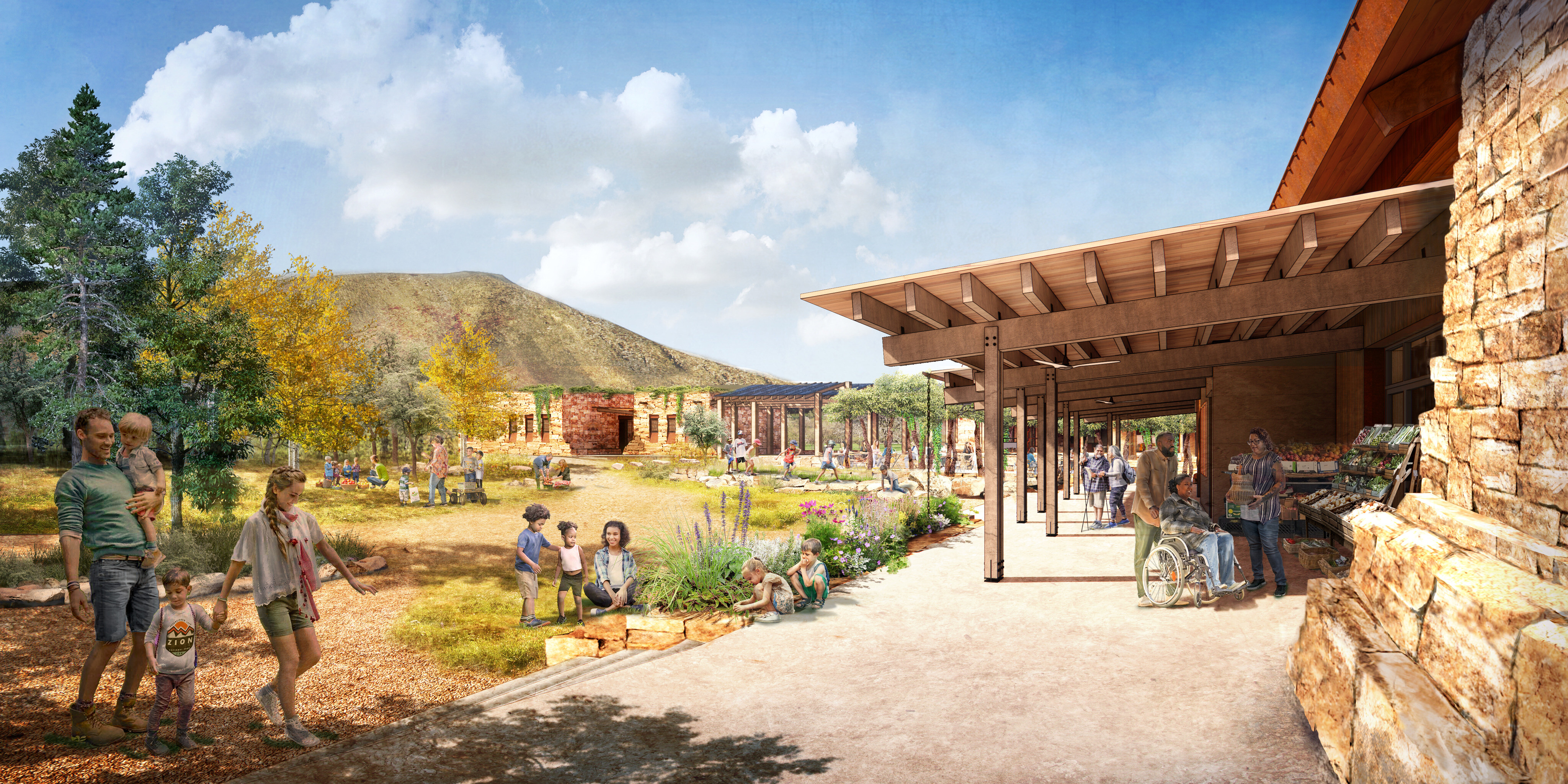 A spacious outdoor market area with people enjoying the scenery and shopping. Trees, mountains, and stone structures are visible in the background, evoking images of Zion National Park. The word "OVERLAND" appears in the bottom right.