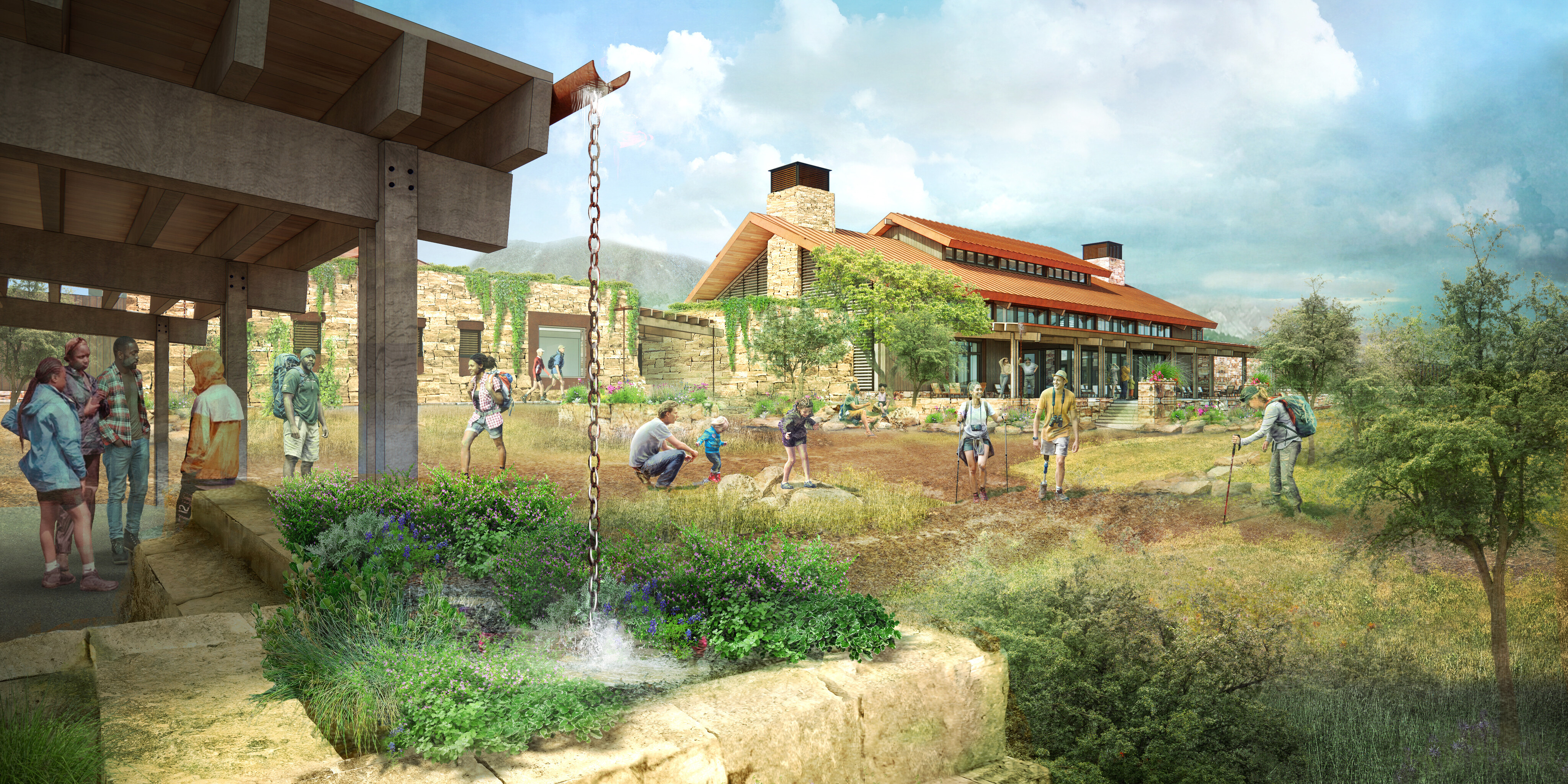 A group of people are engaged in planting and gardening activities in a landscaped outdoor area near a stone and wood building at the Discovery Center in Zion National Park under a partly cloudy sky.